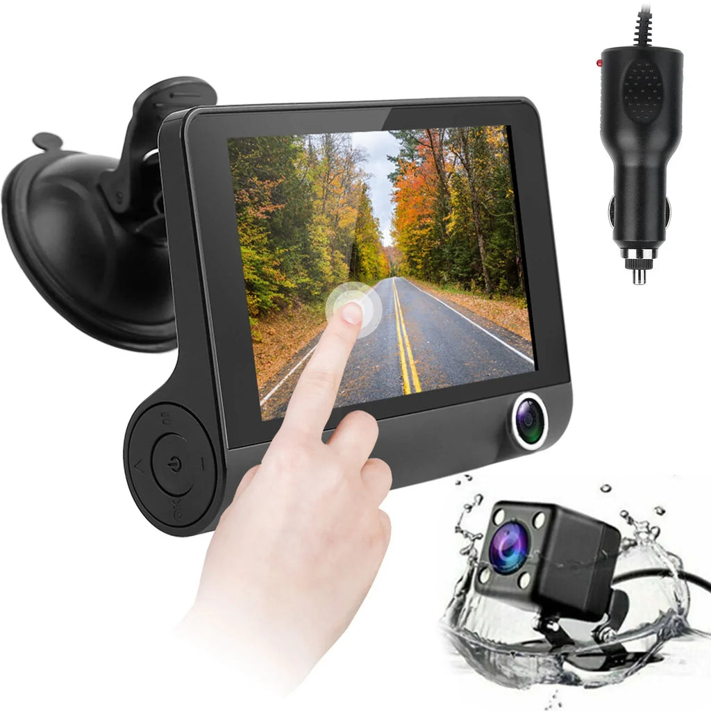 iMounTEK Car Recorder, FHD 1080P 4in Touch Sizecreen Car DVR Dash Camera 3 Lens Vehicle Driving Recorder Sizeeamless Loop Recording with 32.8ft Rear Camera Wire, Black