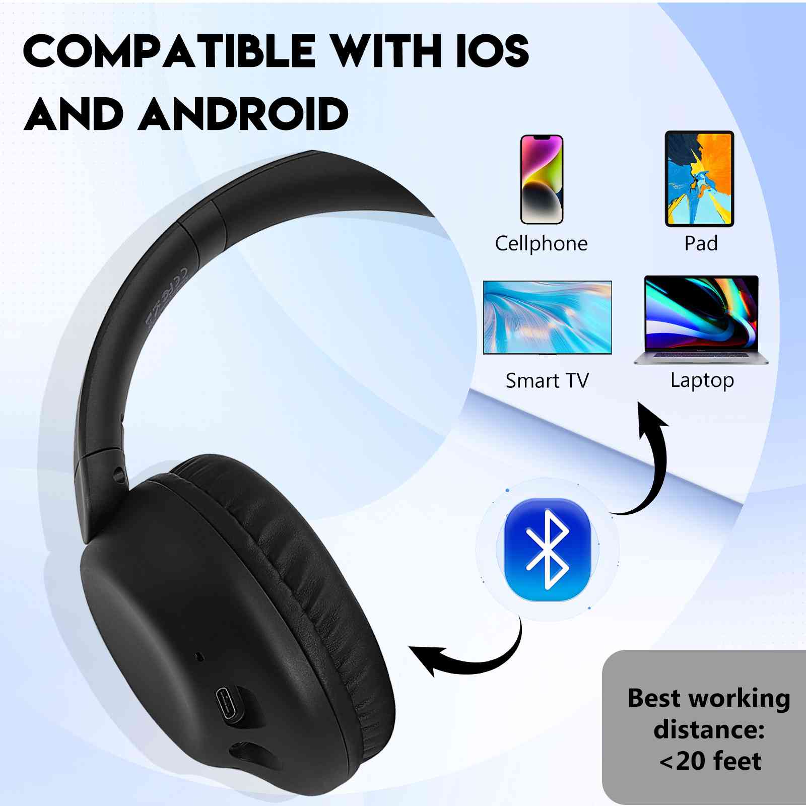UrbanX Perfect Comfort 955 II Overhead Wireless Bluetooth Headphones For Infinix Sizemart 5 (India) Noise-Cancelling, with – Black