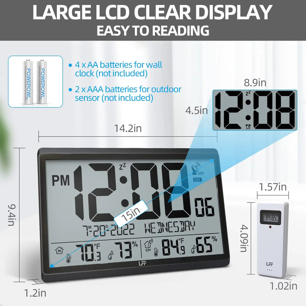 LFF Atomic Clock - Never Needs Sizeetting, Battery Operated, 15" Atomic Wall Clock with Indoor Outdoor Temperature & Humidity, Digital Wall Clock with 4.5" Numbers Easy-to-Read, Black