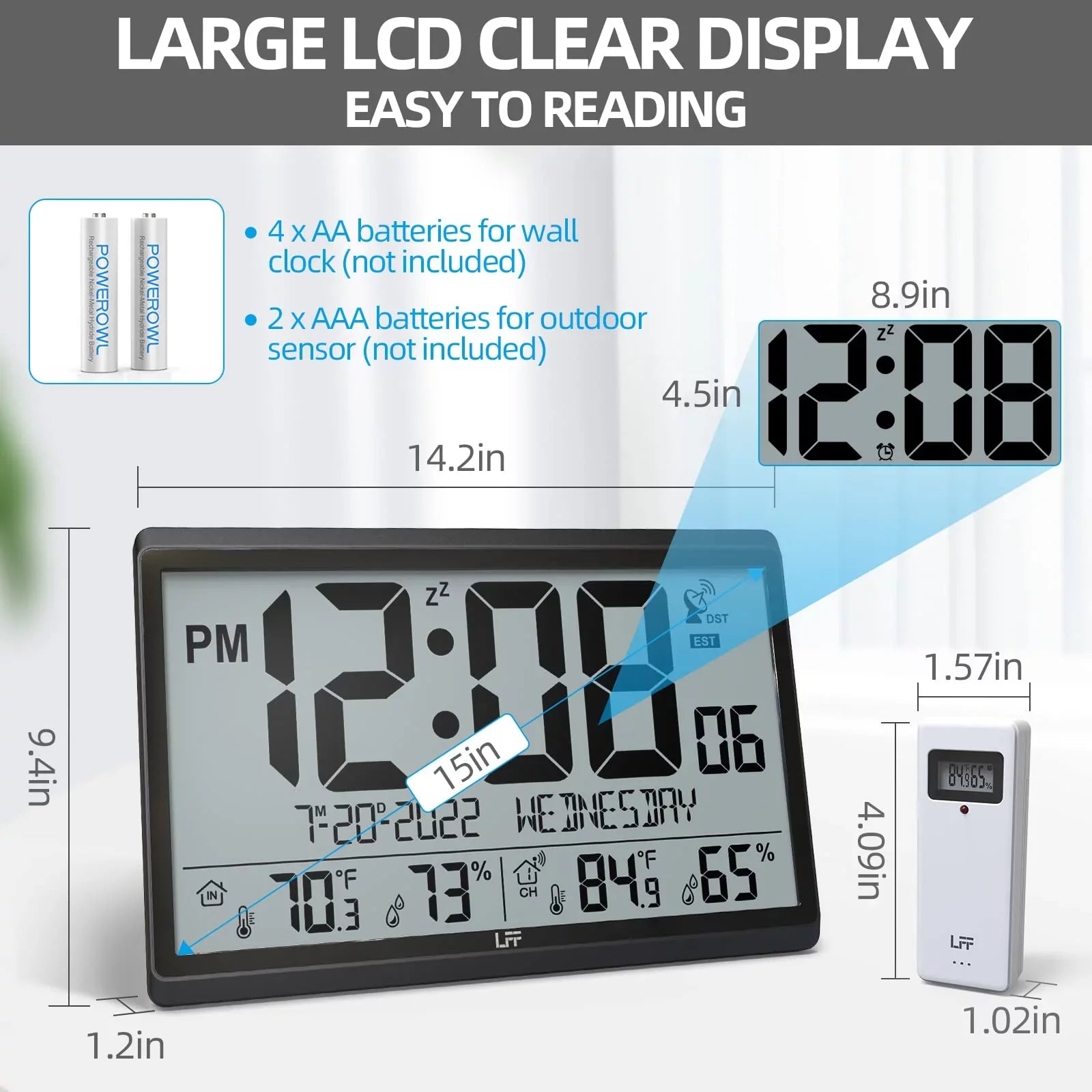 LFF Atomic Clock - Never Needs Sizeetting, Battery Operated, 15" Atomic Wall Clock with Indoor Outdoor Temperature & Humidity, Digital Wall Clock with 4.5" Numbers Easy-to-Read, Black