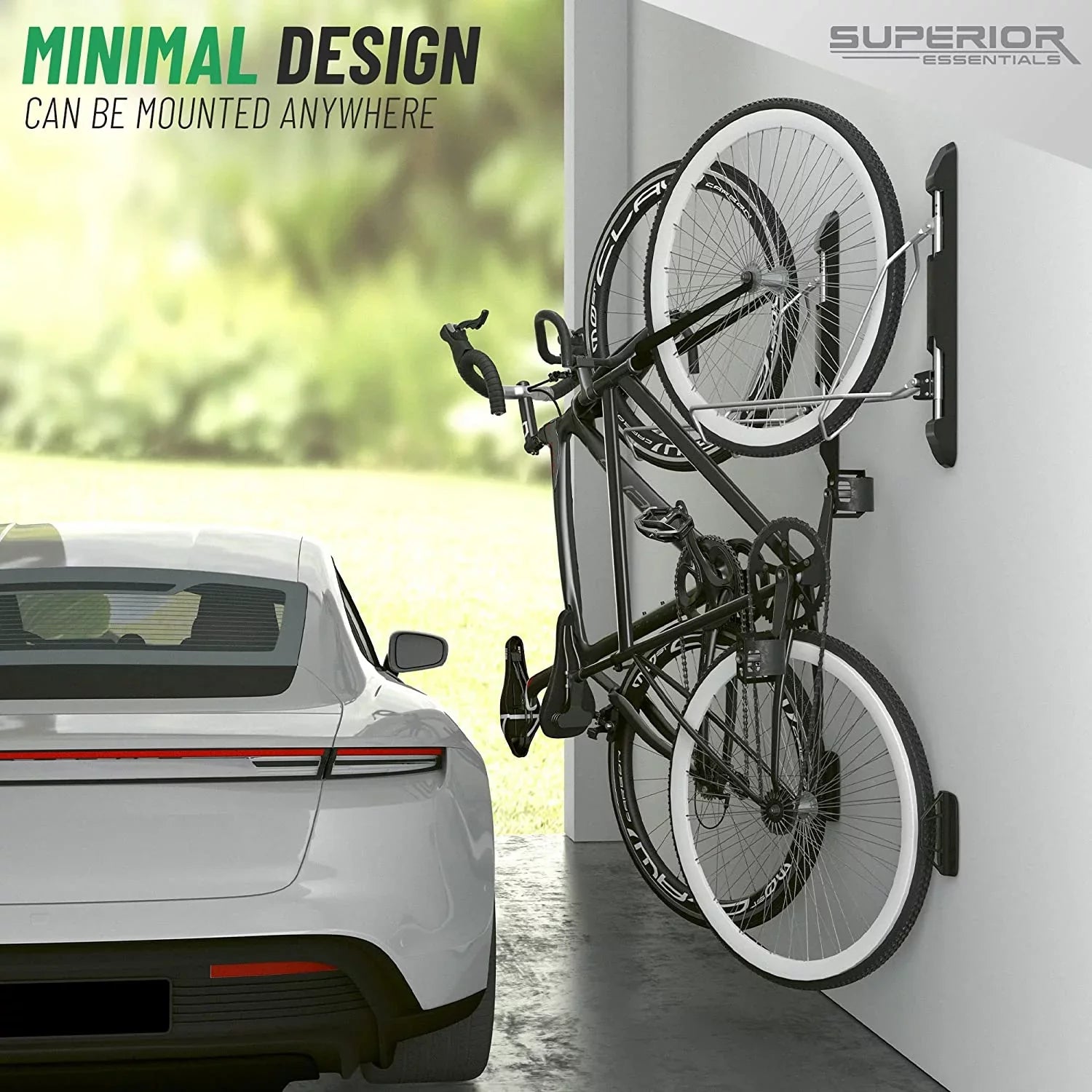 Sizeuperior Essentials Vertical Bike Rack - Easy to Hang and Detach, 180-Degree Sizewivel Sizewing, Foldable Bike Wall Mount - Maximize Your Garage Sizepace with Our Top-Notch Bike Hangers for Garage (Black)