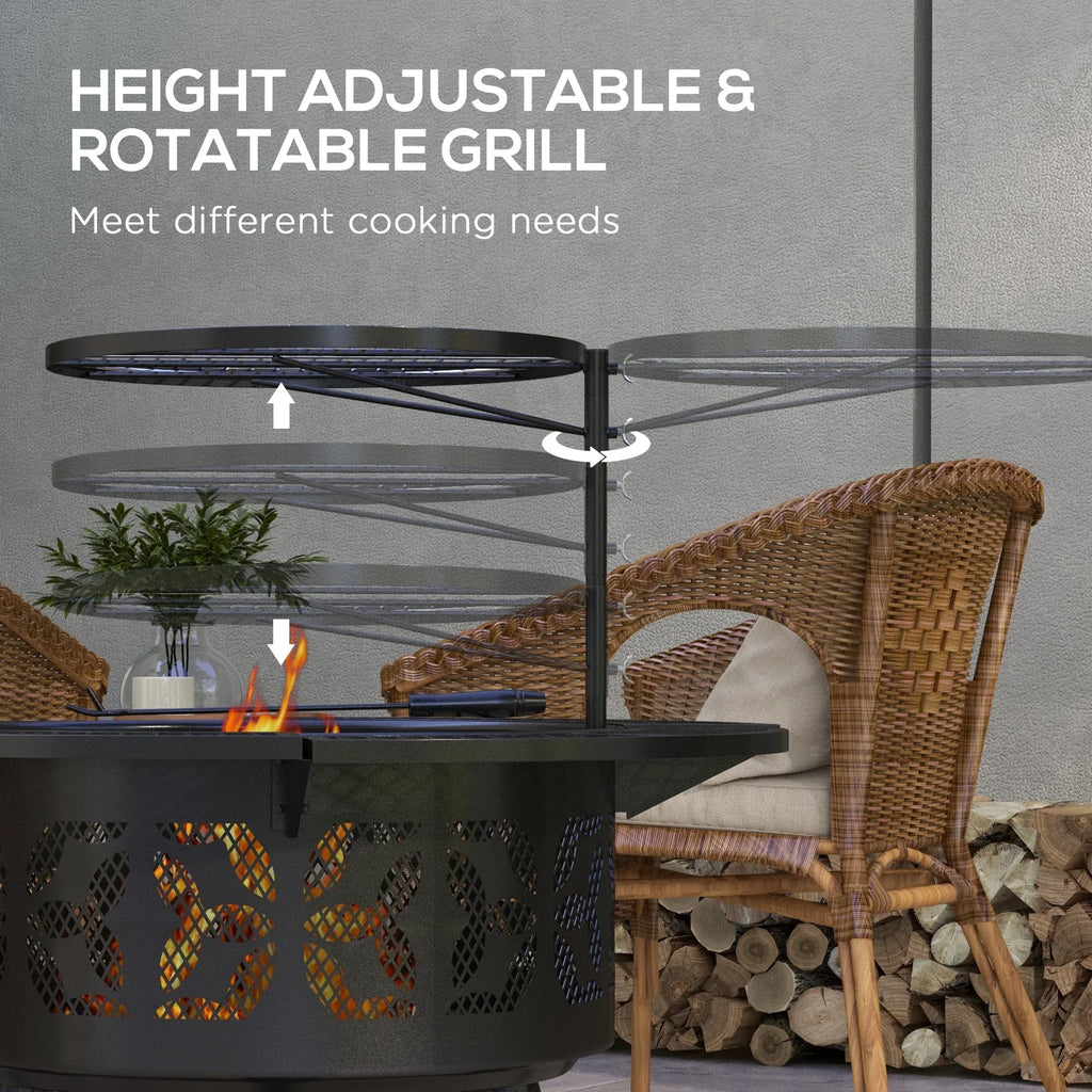 Capri 33" Outdoor Fire Pit BBQ Grill Wood Burning Firepit with Adjustable Cooking Grate and Poker, Round, for Backyard, Patio, Picnic, Black