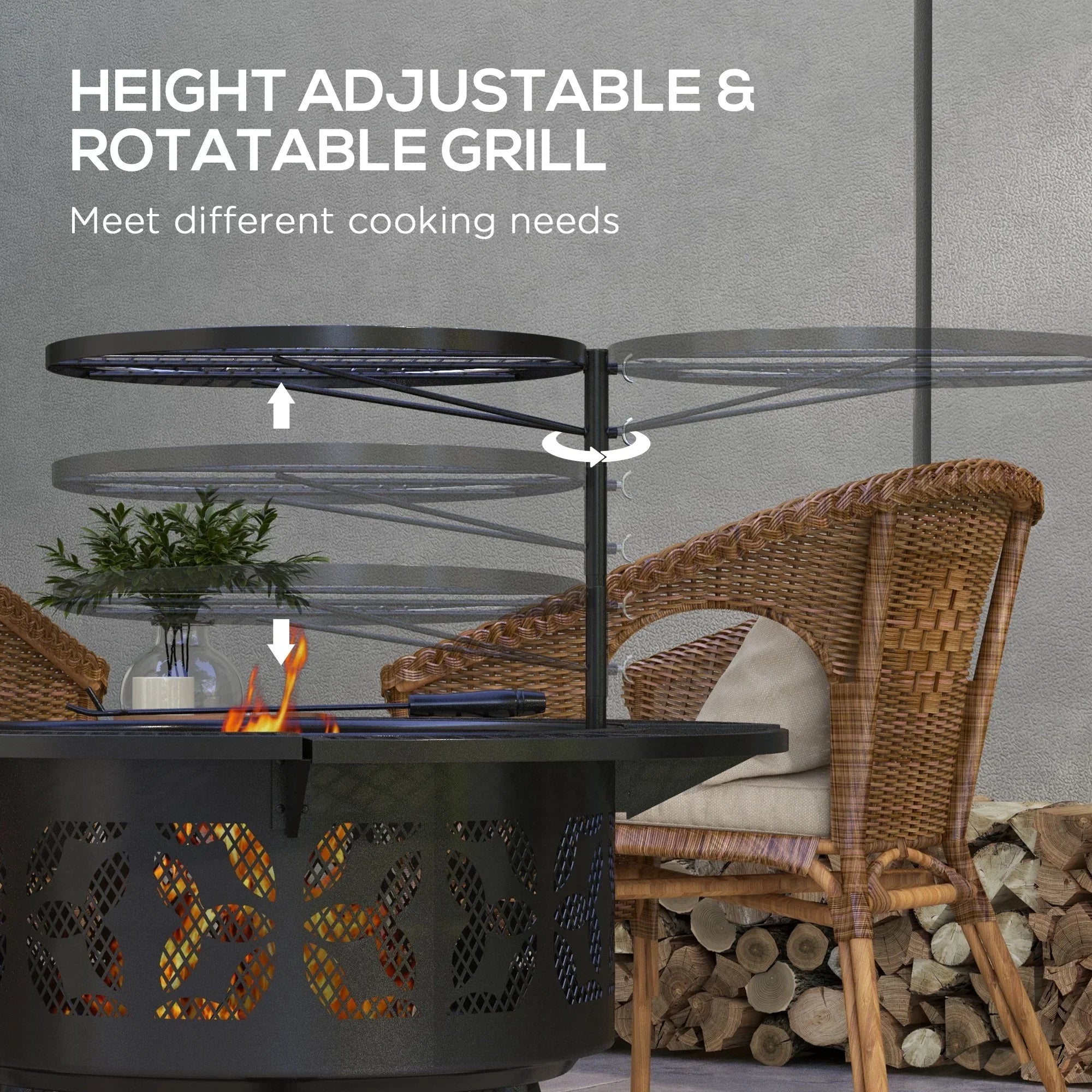 Capri 33" Outdoor Fire Pit BBQ Grill Wood Burning Firepit with Adjustable Cooking Grate and Poker, Round, for Backyard, Patio, Picnic, Black