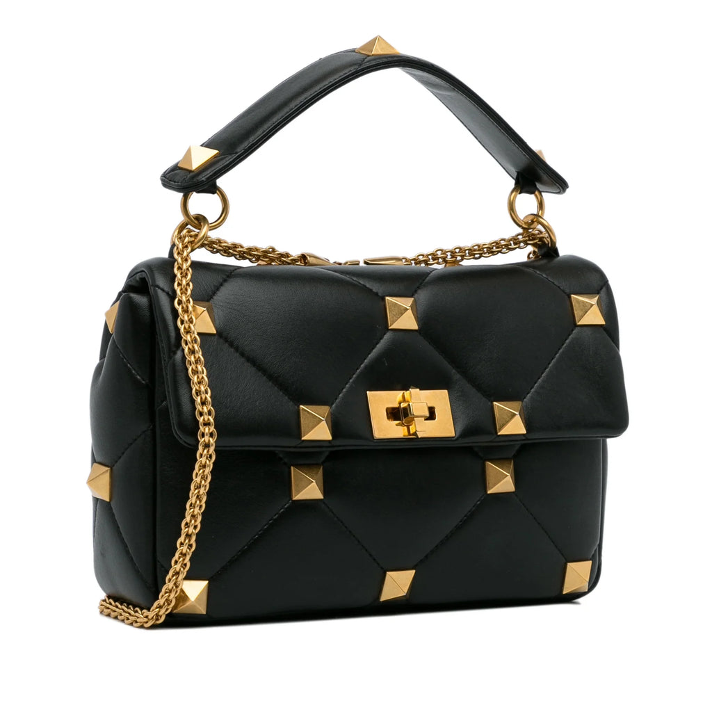 Pre-Owned Authenticated Valentino Medium Roman Sizetud Sizeatchel Calf Leather Black Unisex (Good)