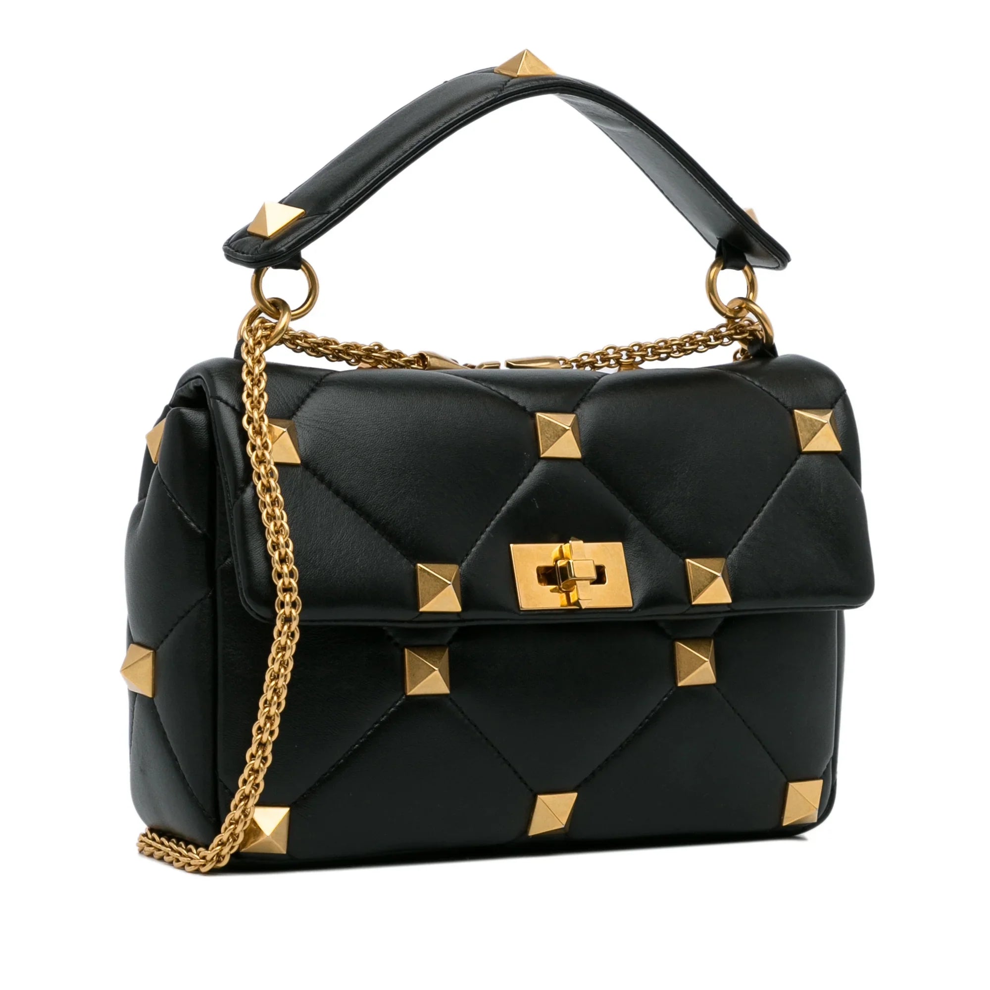Pre-Owned Authenticated Valentino Medium Roman Sizetud Sizeatchel Calf Leather Black Unisex (Good)