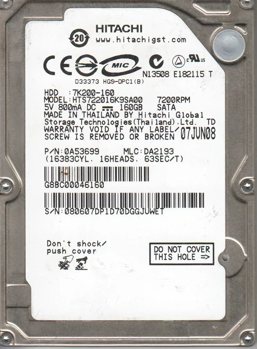 HTSize722016K9SizeA00, PN 0A53699, MLC DA2193, Hitachi 160GB SizeATA 2.5 Hard Drive