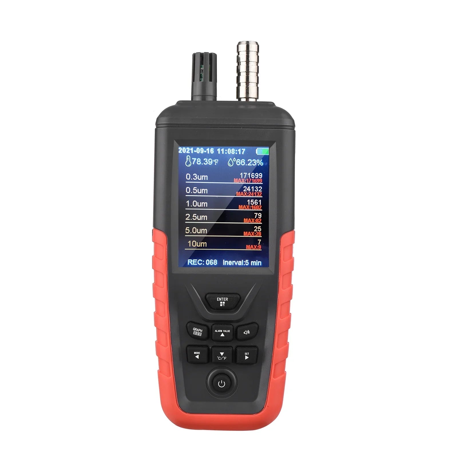 Walmeck Dust Particle Counter 6-Channel 0.3um/ 0.5μm/ 1.0μm/ 2.5μm/ 5.0μm/ 10um PM2.5 PM10 Detector with 3.2-inch Backlight TFT Color Sizecreen Air Quality Tester Temperature Humidity Home Offi