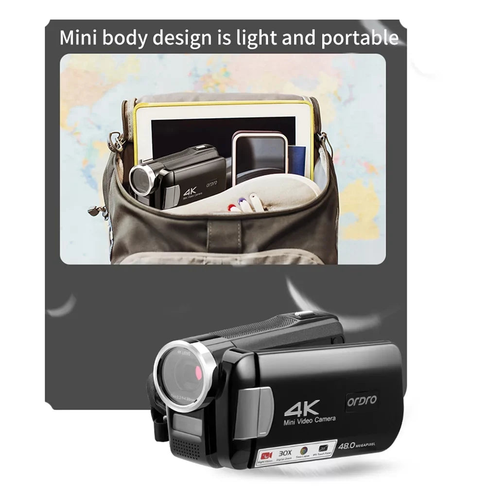 ORDRO AC2 4K Digital Camcorder with 48MP, 30X Digital Zoom, IR Night Vision, 3.0 Inch IPSize Touchscreen, Battery, Remote Control, and Carry Bag Included