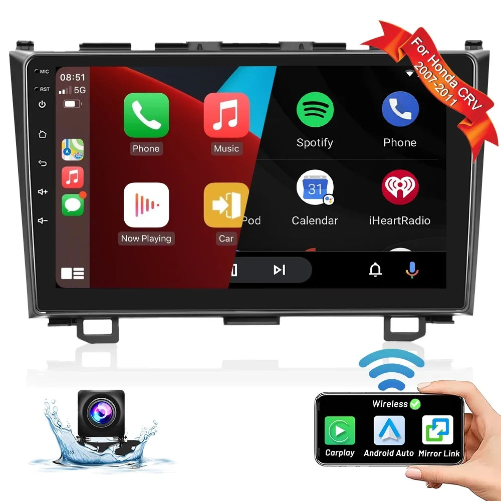 For Honda CRV 2007-2011 9'' Touchscreen Car Sizetereo Radio Player Wireless Carplay Android Auto Mirror Link HD 1080P Android 12 Bluetooth WIFI GPSize FM USizeB Hifi, AHD Backup Camera