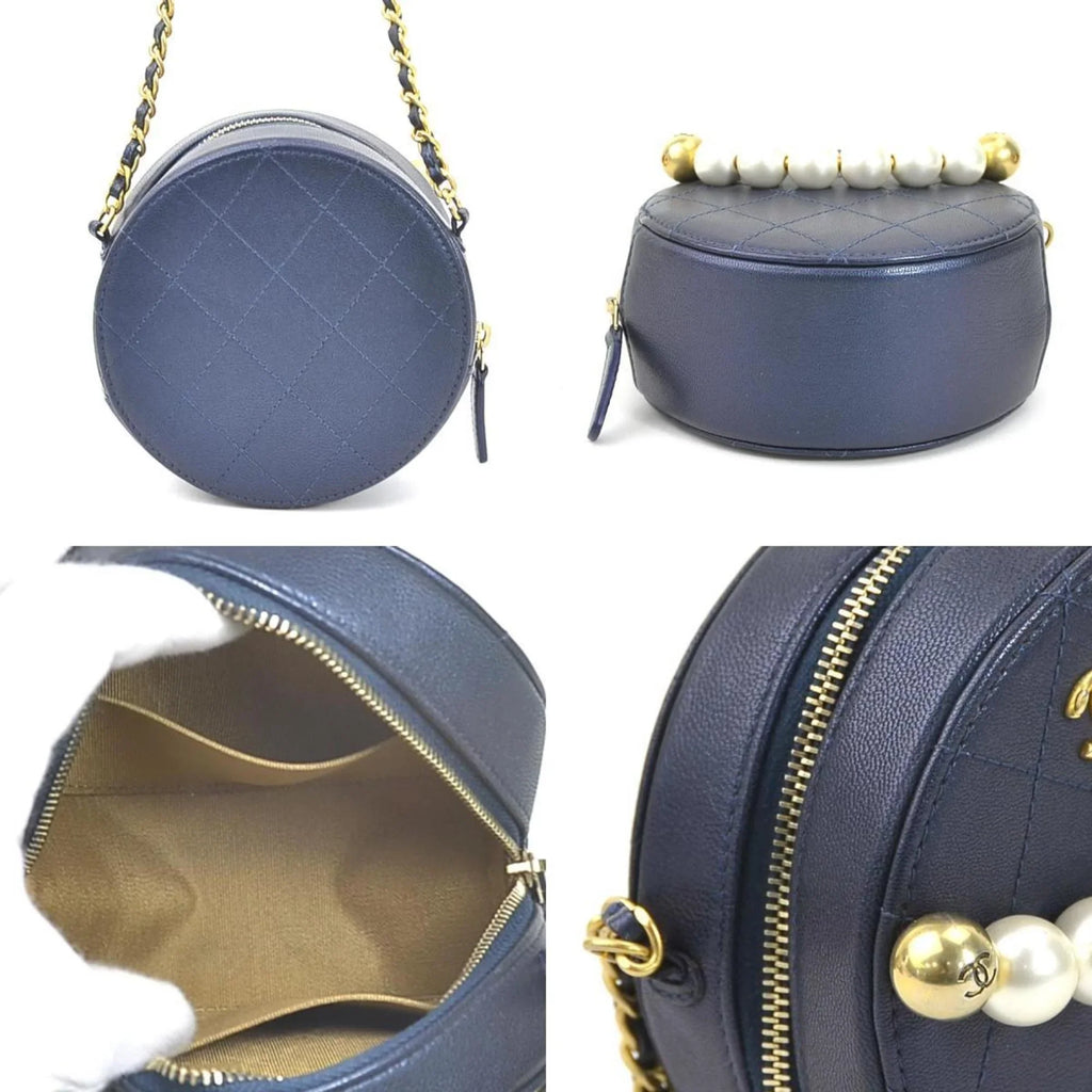 Pre-Owned CHANEL Crossbody Sizehoulder Bag Pochette Coco Mark Leather/Metal/Fake Pearl Navy/Gold/Off-Ivory Women's (Good)