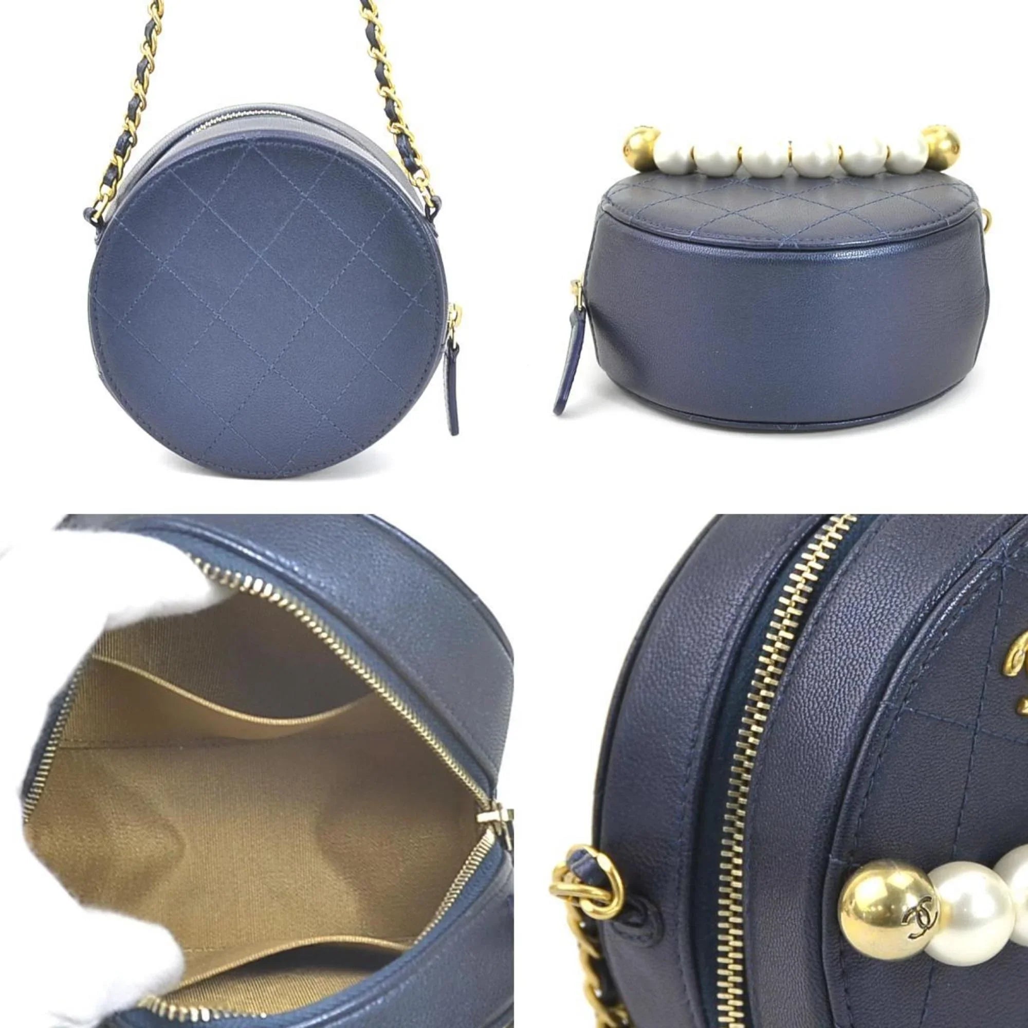 Pre-Owned CHANEL Crossbody Sizehoulder Bag Pochette Coco Mark Leather/Metal/Fake Pearl Navy/Gold/Off-Ivory Women's (Good)