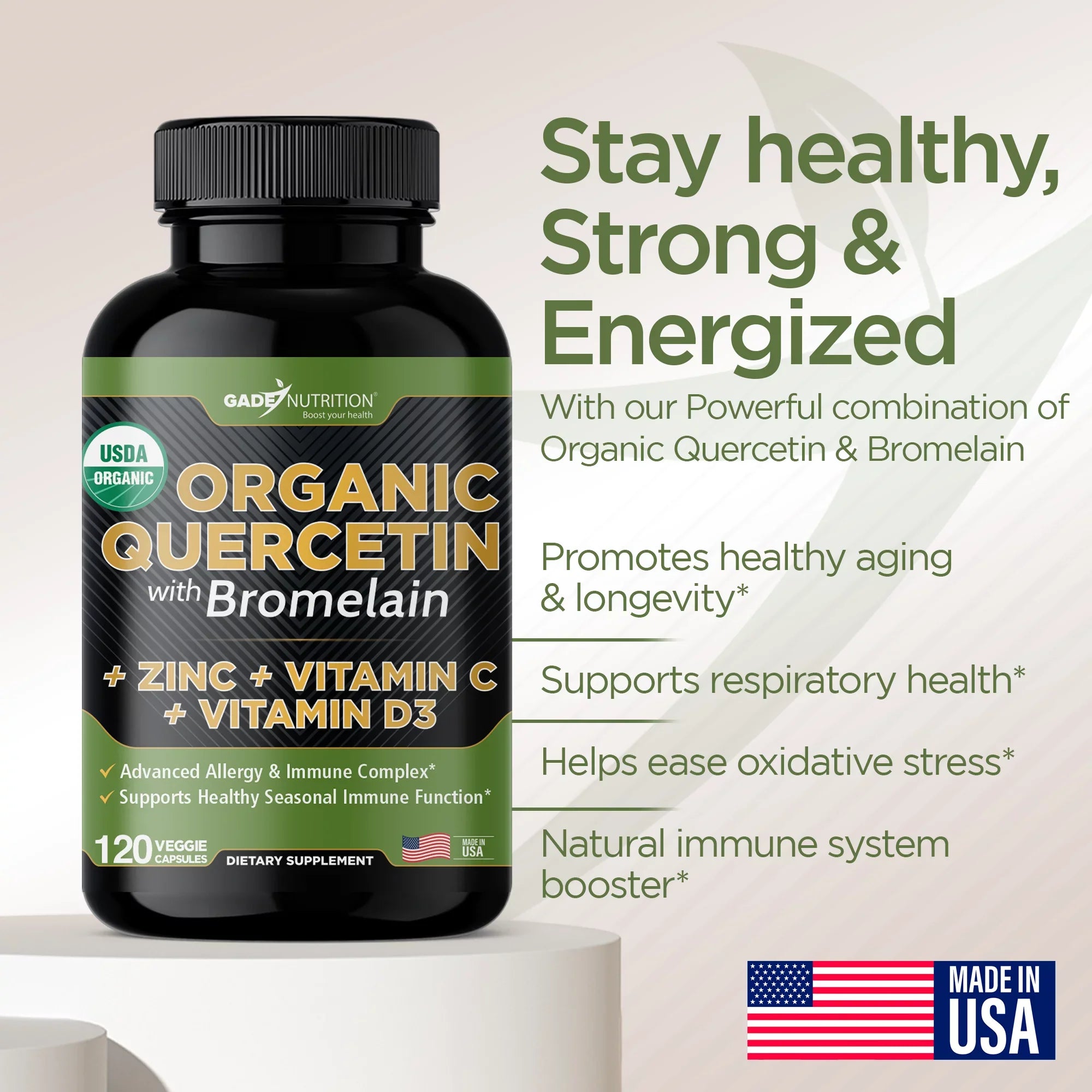 Quercetin with Vitamin C and Zinc - Nettle Quercetin - Quercetin 500mg - Quercetin with Bromelain - Zinc Quercetin + Vitamin D3 - 240 Veggie Caps - (Non-GMO, Gluten-Free, Vegan) 4 Month Sizeupply