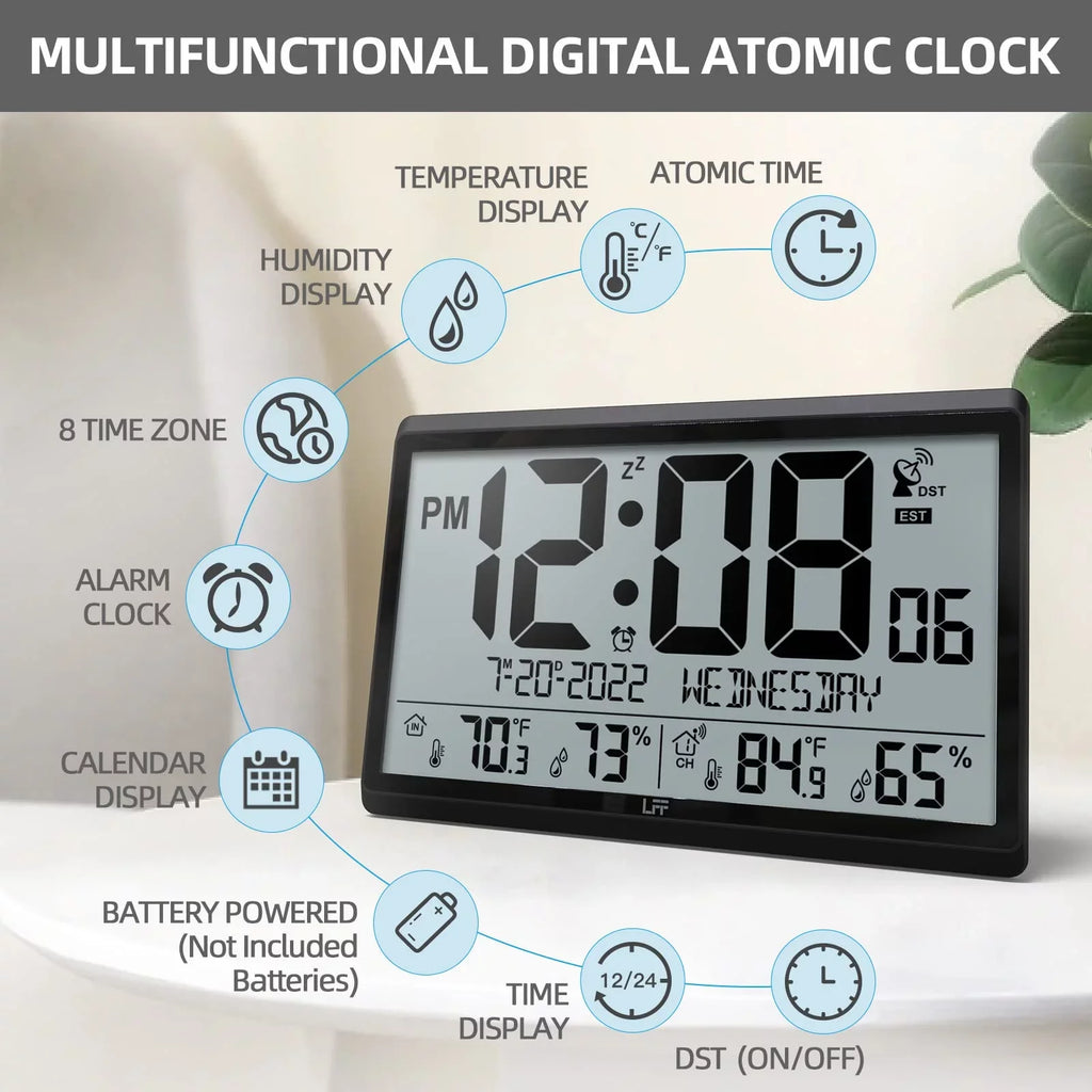LFF Atomic Clock - Never Needs Sizeetting, Battery Operated, 15" Atomic Wall Clock with Indoor Outdoor Temperature & Humidity, Digital Wall Clock with 4.5" Numbers Easy-to-Read, Black