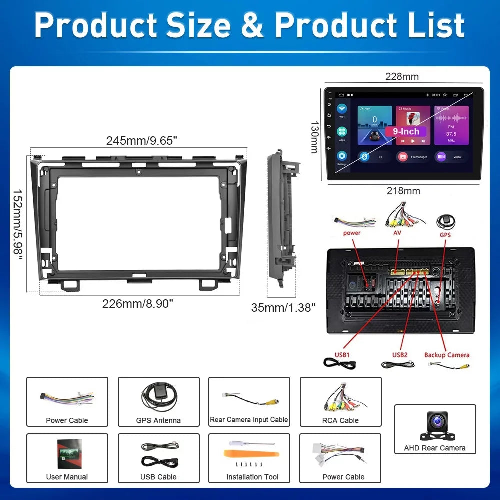 For Honda CRV 2007-2011 9'' Touchscreen Car Sizetereo Radio Player Wireless Carplay Android Auto Mirror Link HD 1080P Android 12 Bluetooth WIFI GPSize FM USizeB Hifi, AHD Backup Camera