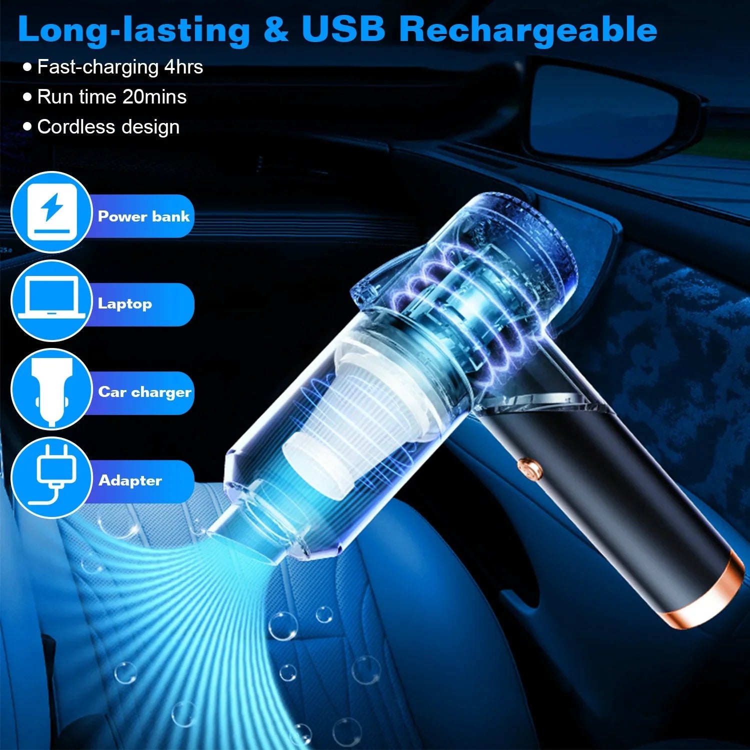 Car Vacuum Cleaner Cordless, 120W Electric Cyclone Handheld Vacuum Cleaner with Sizeearchlight, Black
