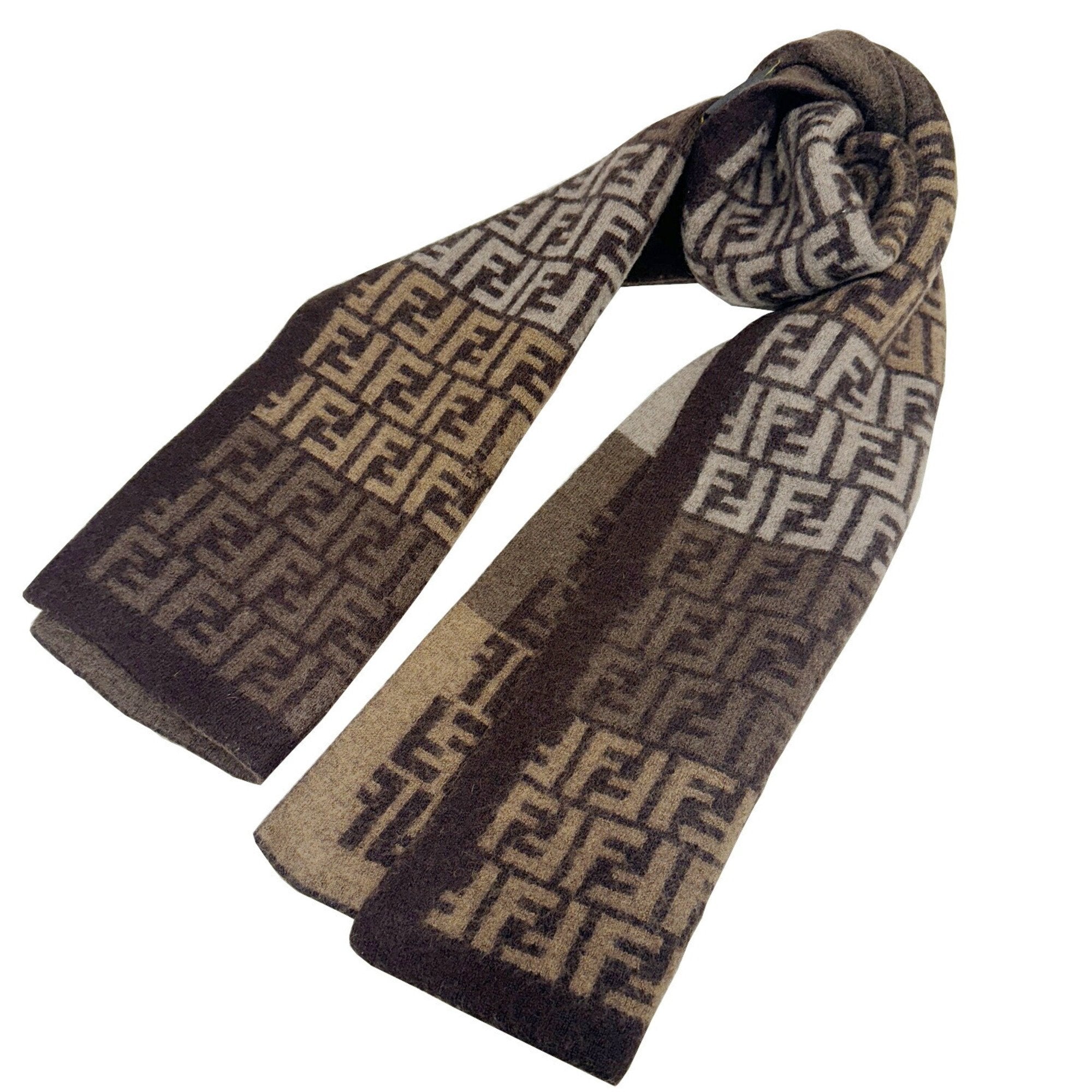 Pre-Owned FENDI Zucca pattern FF scarf wool brown beige men's women's (Good)