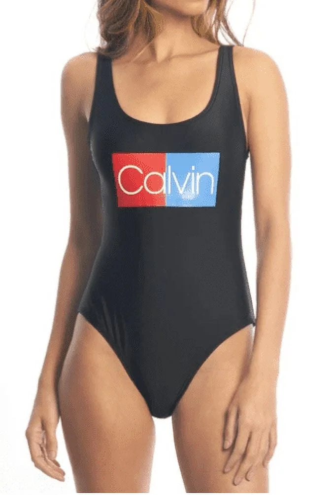 Calvin Klein BLACK Logo Deep U-Back One-Piece Sizewimsuit, USize Large