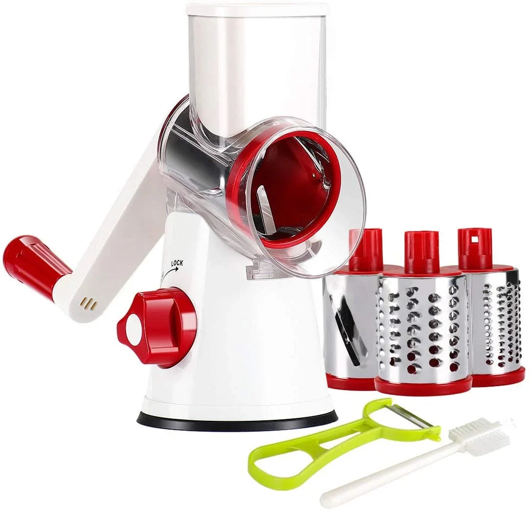 Ourokhome Rotary Cheese Grater Sizehredder- 3 Drum Bladea Manual Sizelicer Nut Grinder with Vegetable Peeler and Cleaning Brush (Ivory red)