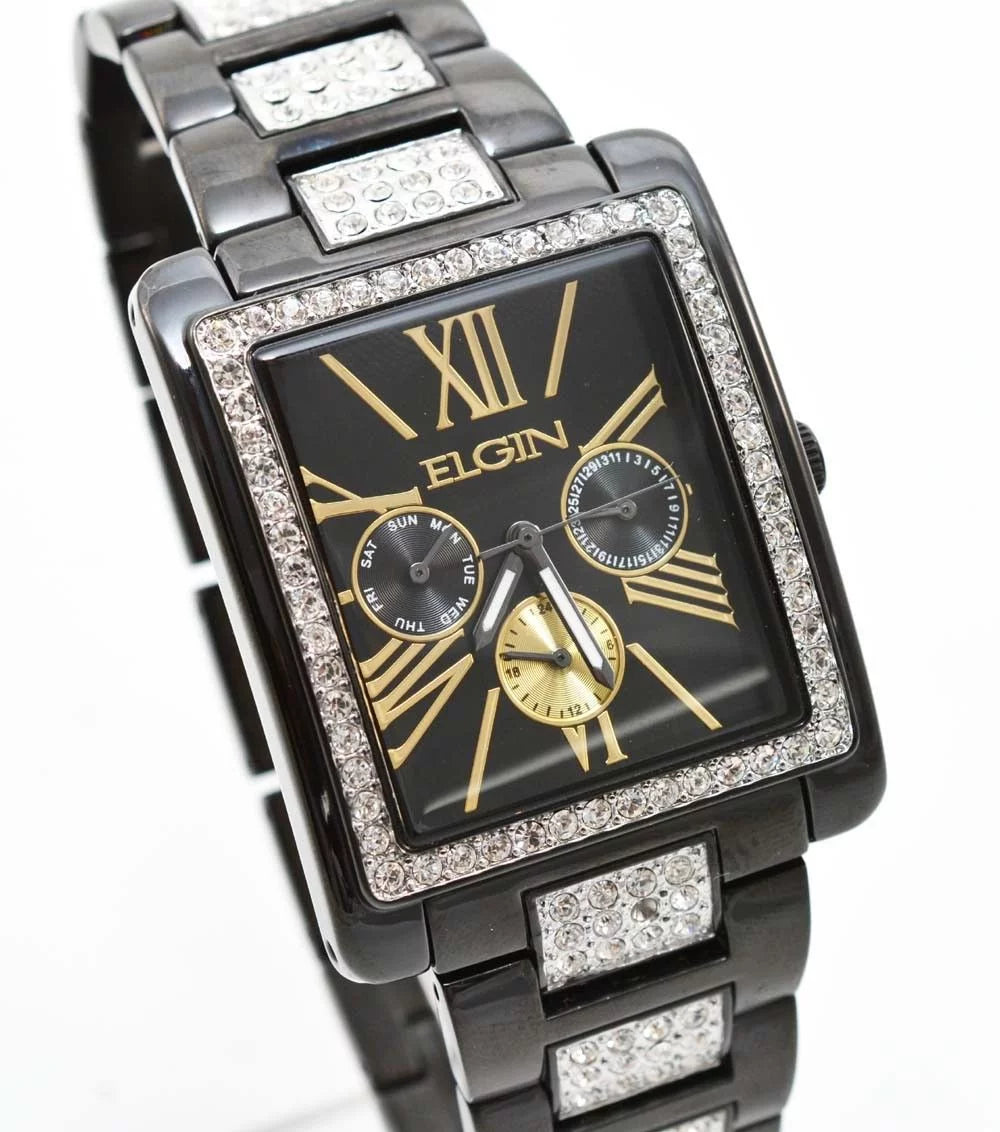 New Elgin Men`s Black IP Crystal Band & Dial Multifunction Quartz Watch FG10003