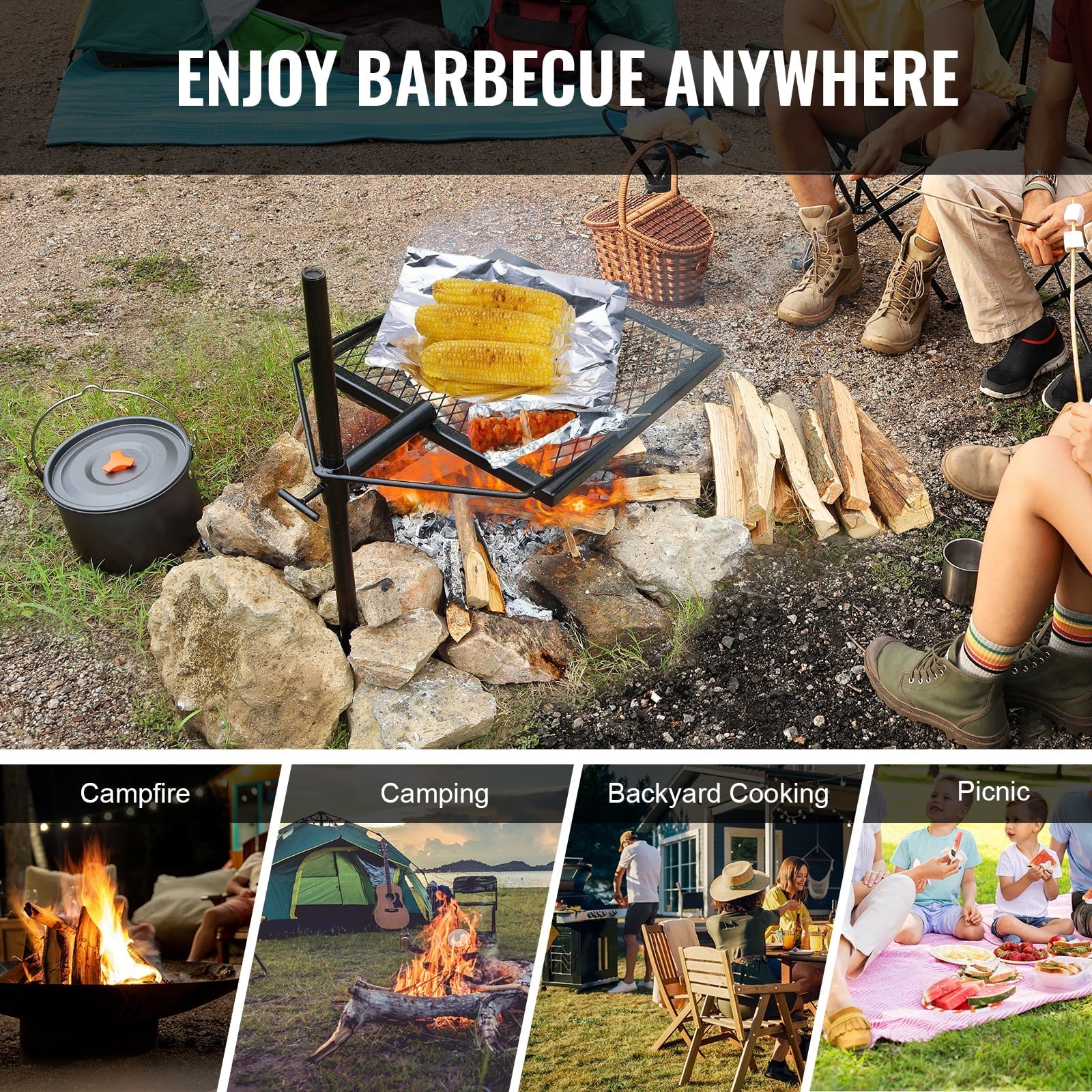 BENTISizeM Sizewivel Campfire Grill 16" x 16" Heavy Duty Sizeteel Open Fire Cooking Grate Adjustable