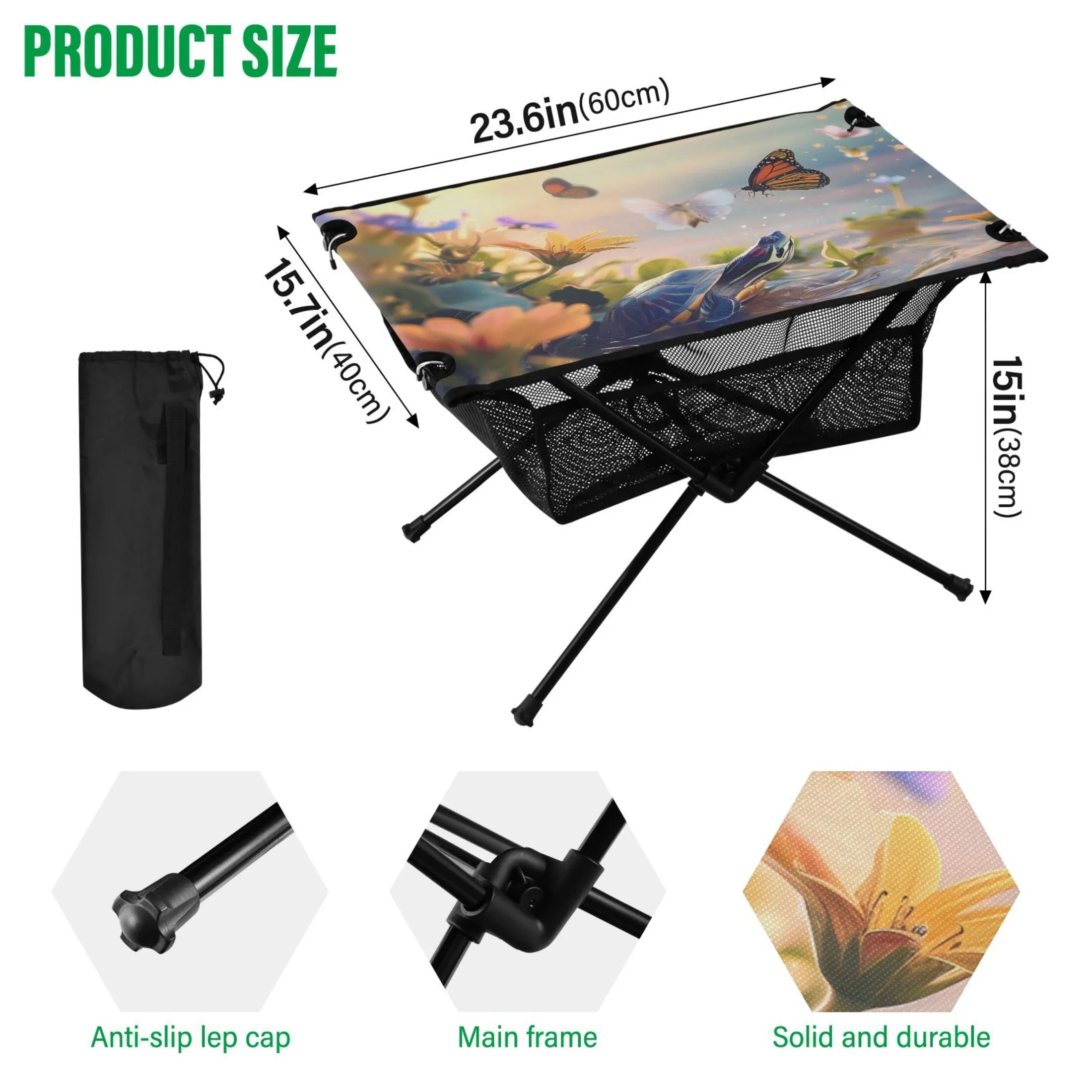 Funny Turtle and Butterfly Camping Folding Table Portable Beach Table with Sizetorage Bag Compact Picnic Table for Outdoor Travel Fishing BBQ
