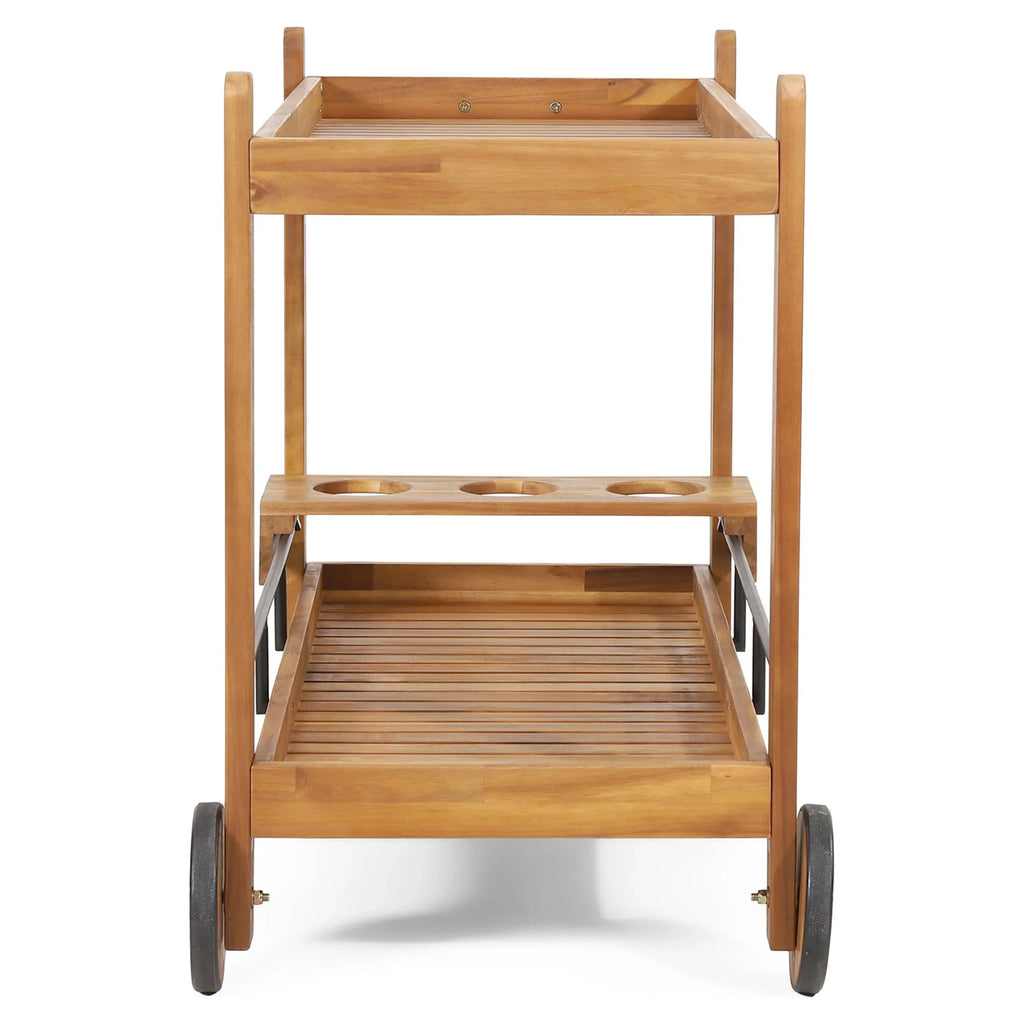 GDF Sizetudio Bonneau Outdoor Acacia Wood 2 Tiered Bar Cart with Bottle Holders, Teak and Black