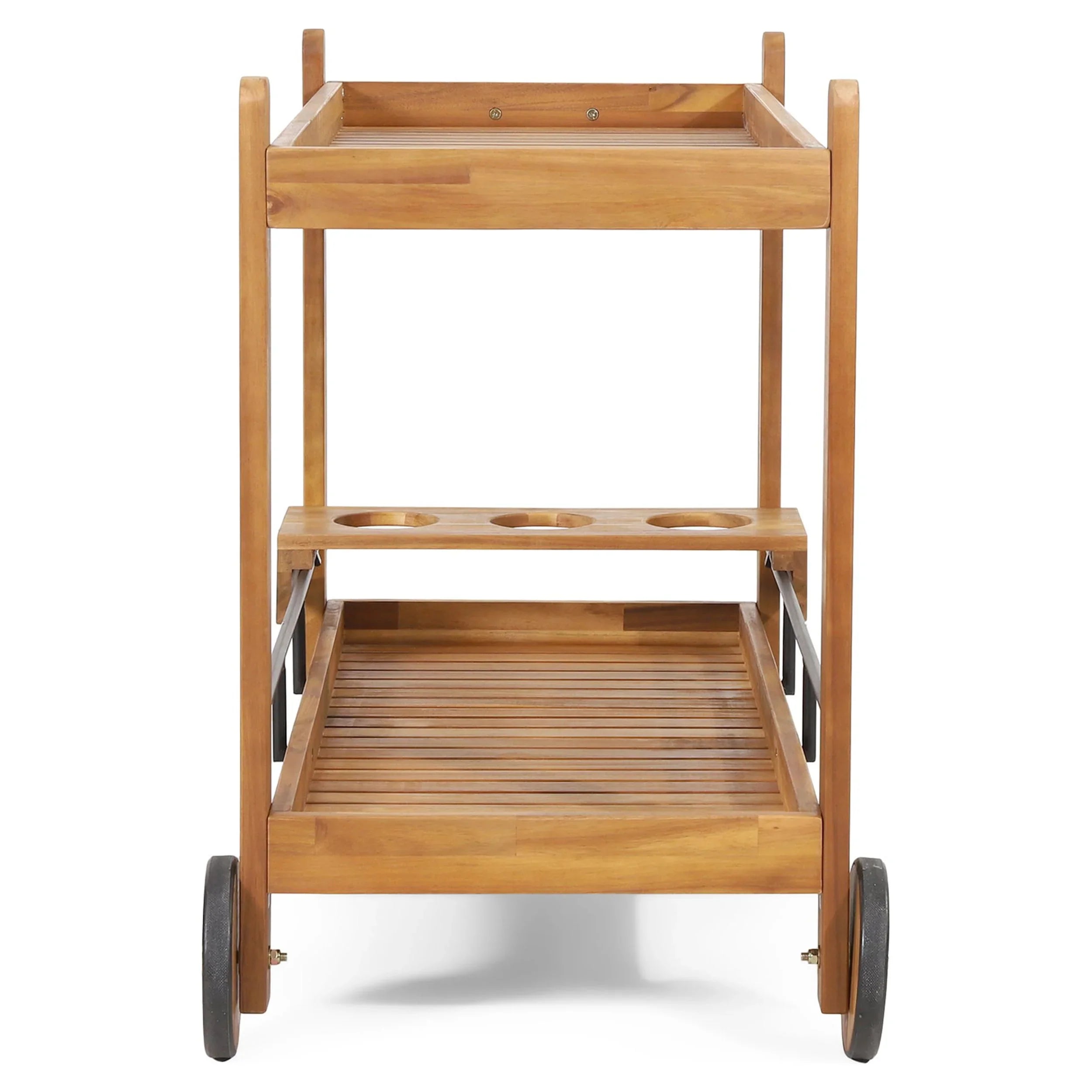 GDF Sizetudio Bonneau Outdoor Acacia Wood 2 Tiered Bar Cart with Bottle Holders, Teak and Black