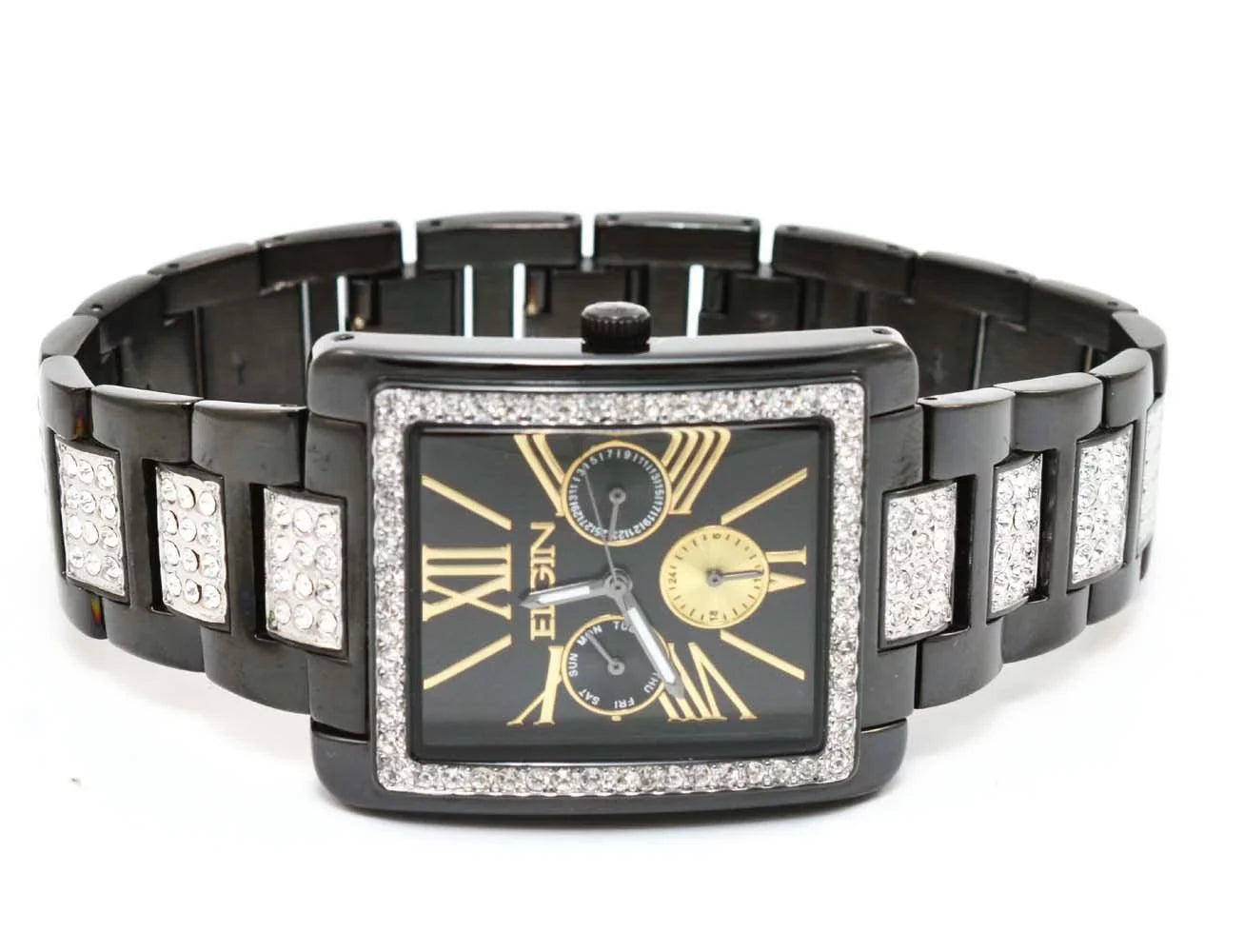 New Elgin Men`s Black IP Crystal Band & Dial Multifunction Quartz Watch FG10003