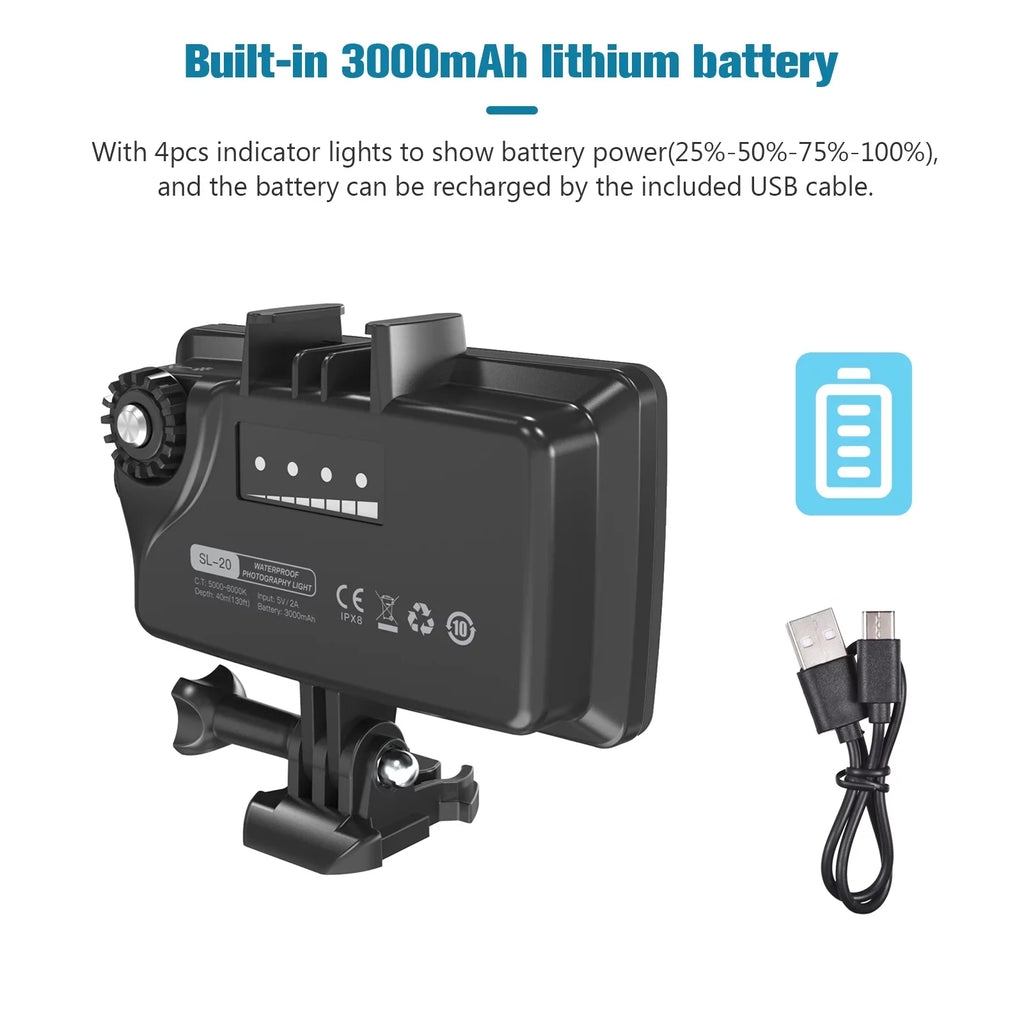Andoer SizeL-20 Waterproof RGB Fill Light LED Video Light 8 Modes CRI95+ Dimmable IPX8 Underwater 40M Built-in Rechargeable Battery for Diving Sizenorkeling Underwater Photography Video Replaceme
