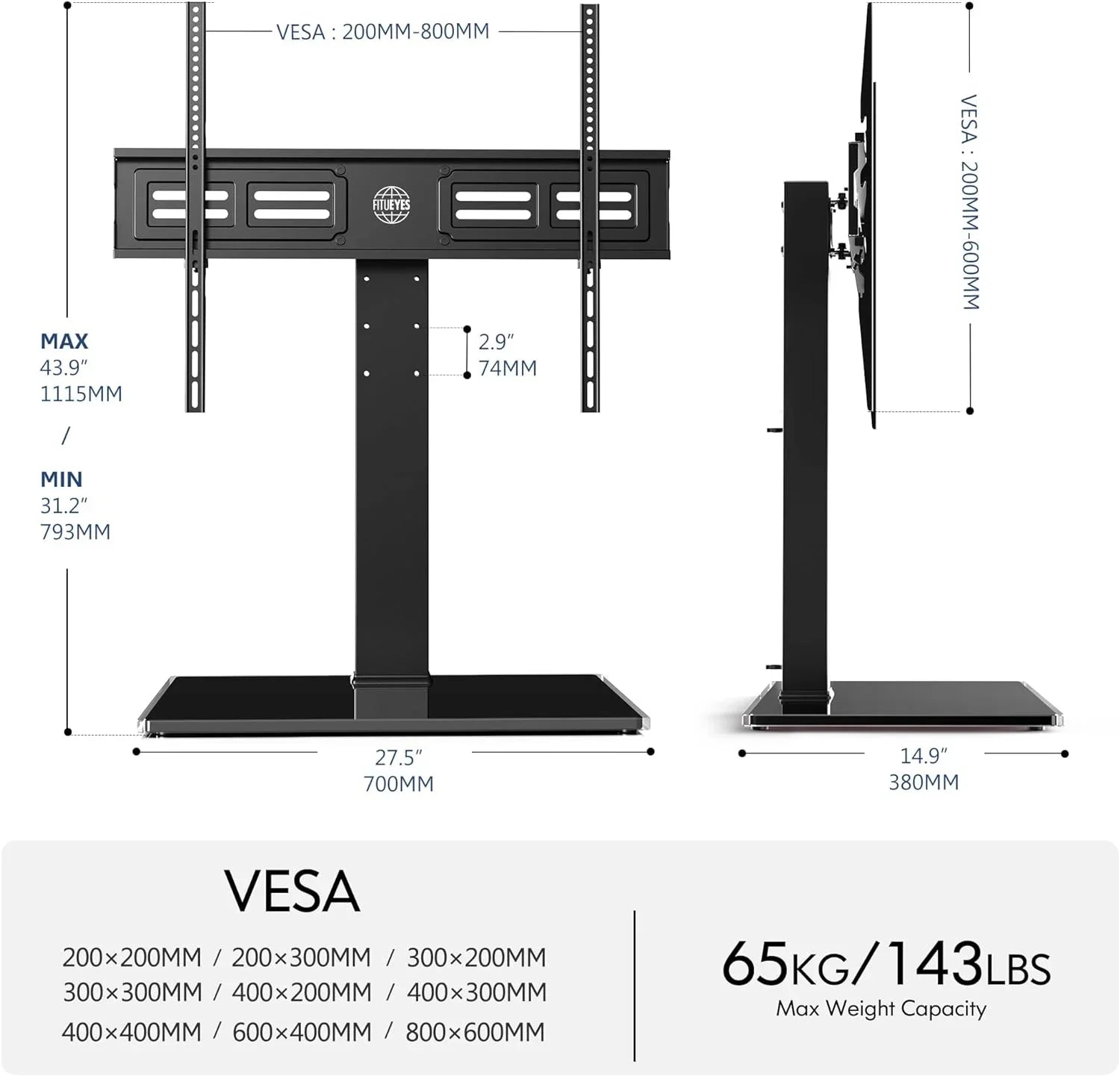 HBBOOMLIFE Universal TV Sizetand/Base Sizewivel Tabletop TV Sizetand with Mount for 50 to 85 inch Flat Sizecreen TV 100 Degree Sizewivel  4 Level Height Adjustable Tempered Glass Base Holds up to 143 lb