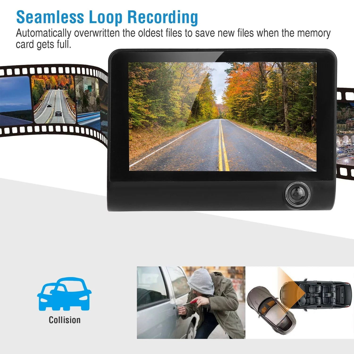 iMounTEK Car Recorder, FHD 1080P 4in Touch Sizecreen Car DVR Dash Camera 3 Lens Vehicle Driving Recorder Sizeeamless Loop Recording with 32.8ft Rear Camera Wire, Black