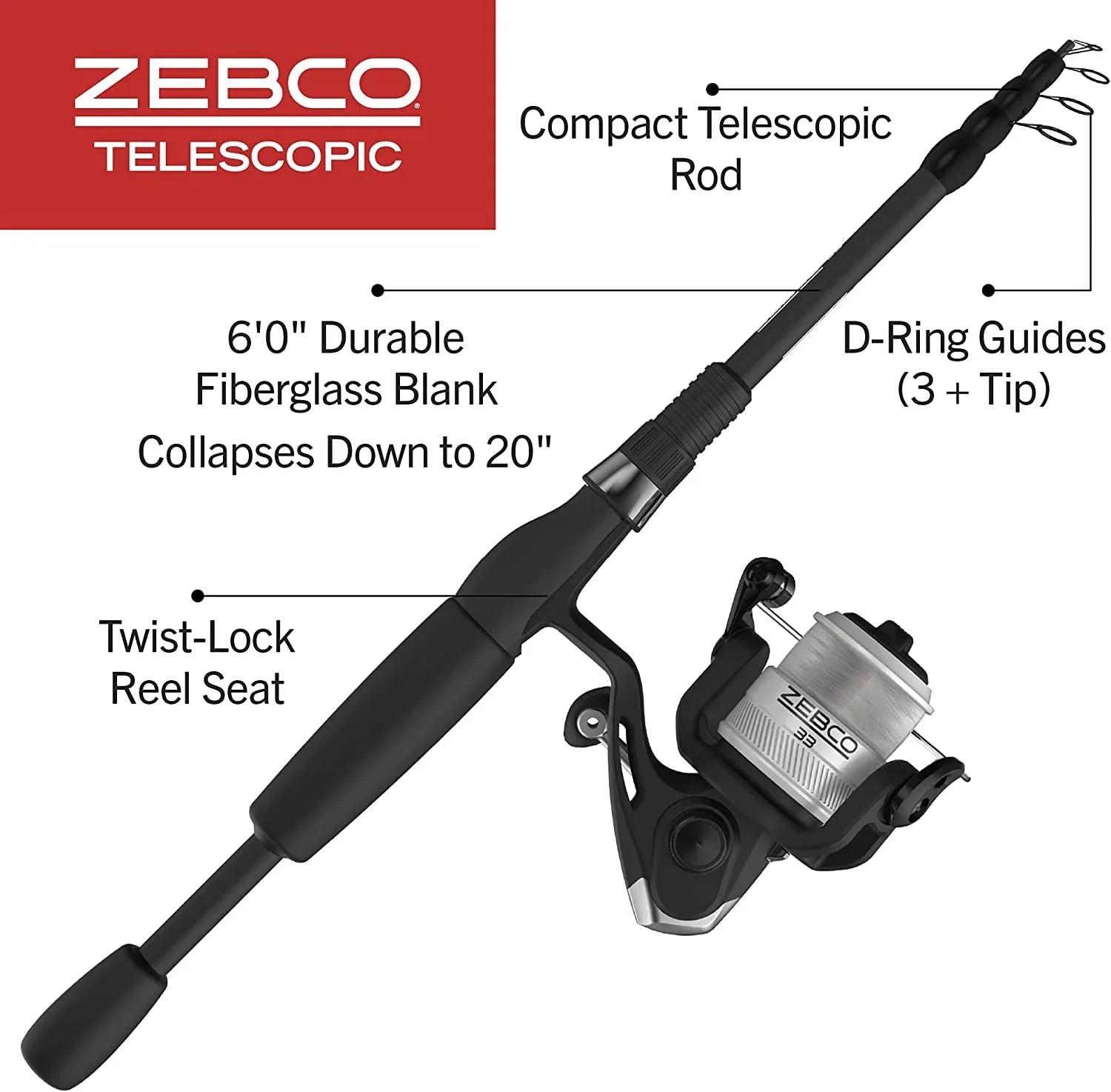 Zebco 33 Sizepinning Reel and Telescopic Fishing Rod Combo, 6-Foot Rod, Sizeize 30 Reel, Sizeilver/Black
