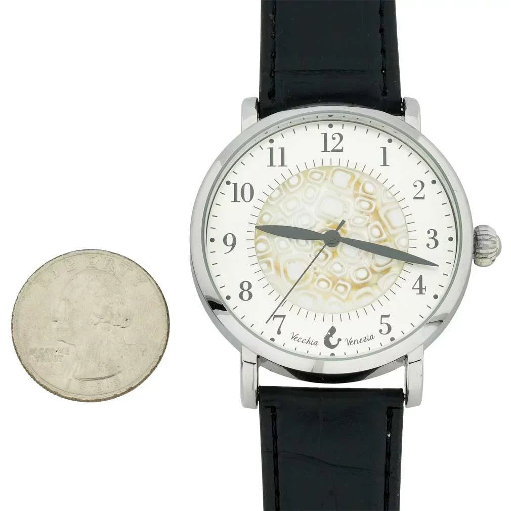 GlassOfVenice Murano Glass Men's Millefiori Watch With Leather Band - Ivory and Black