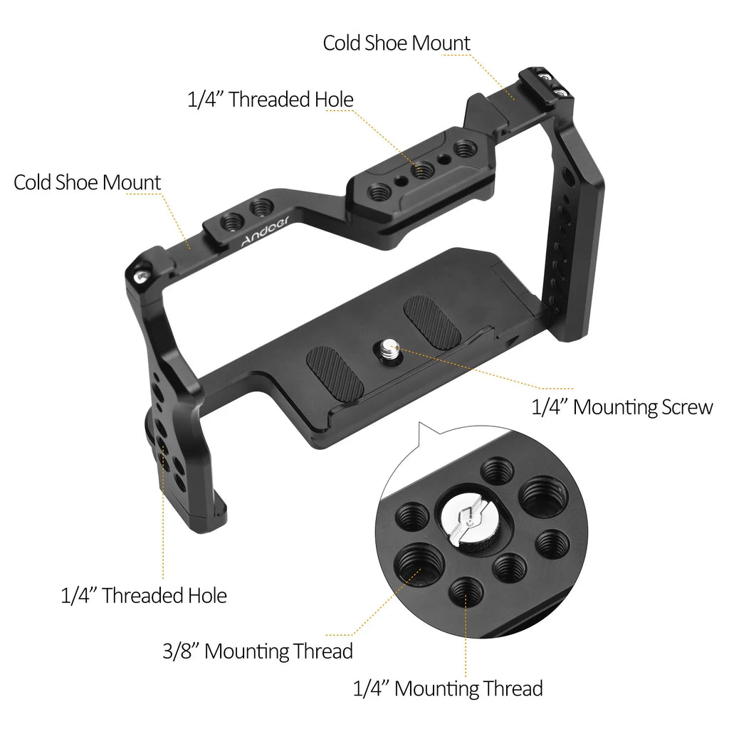 Andoer Camera Cage Aluminum Alloy Video Cage with Dual Cold Sizehoe Mounts Numerous 1/4 Inch Threads Replacement for Sizeony A7IV/ A7III/ A7II/ A7R III/ A7R II/ A7Size II