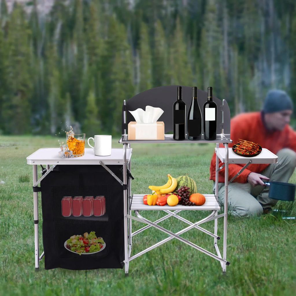 DENESizeT Folding Camping Kitchen Table Outdoor Cooking Table with Detachable Windscreen