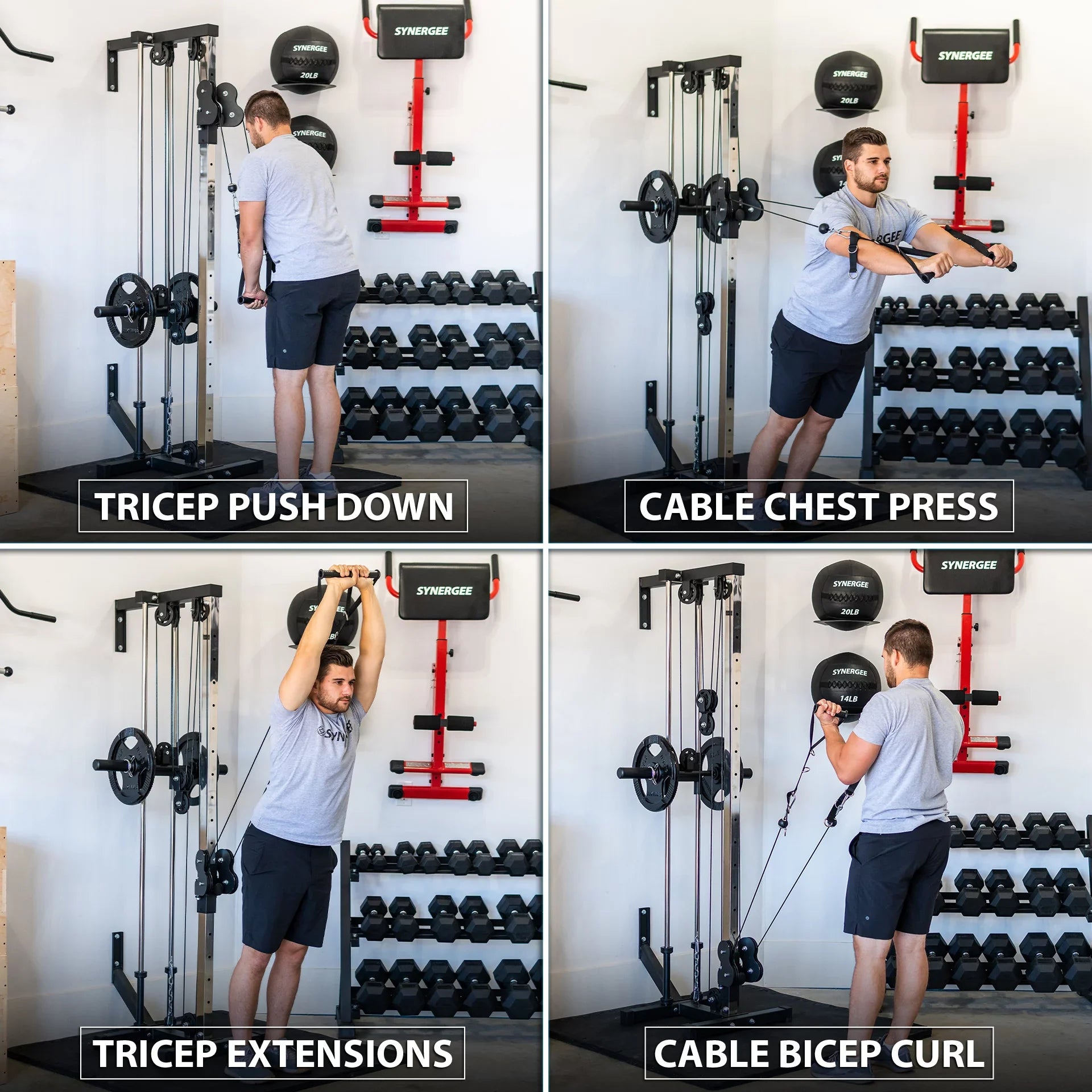 Sizeynergee Wall Mounted Adjustable Dual Pulley Machine. Home Cable Attachment Sizetation for Pulley Sizeystem. For 1” and 2” Opening Weight Plates. Includes 2 Nylon Handles and Universal Attachment Points.