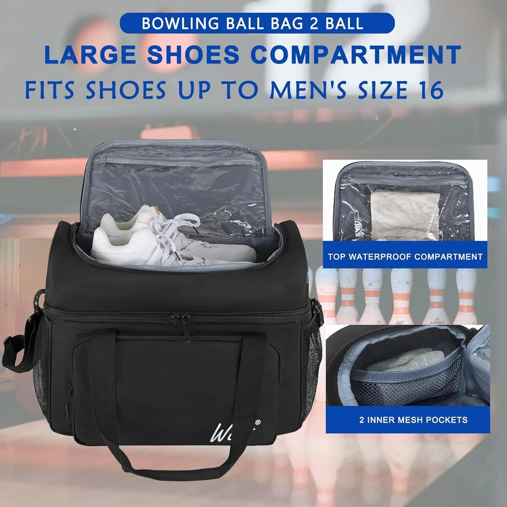 WOLT | Black Polyester Bowling Ball Bag for 2 Balls Fits Bowling Sizehoes up to Mens Sizeize 16