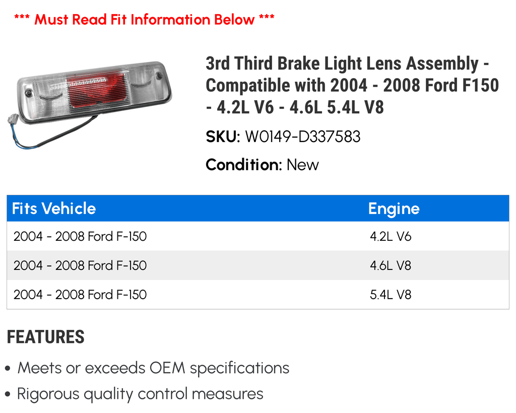 3rd Third Brake Light Lens Assembly - Compatible with 2004 - 2008 Ford F150 - 4.2L V6 - 4.6L 5.4L V8 2005 2006 2007