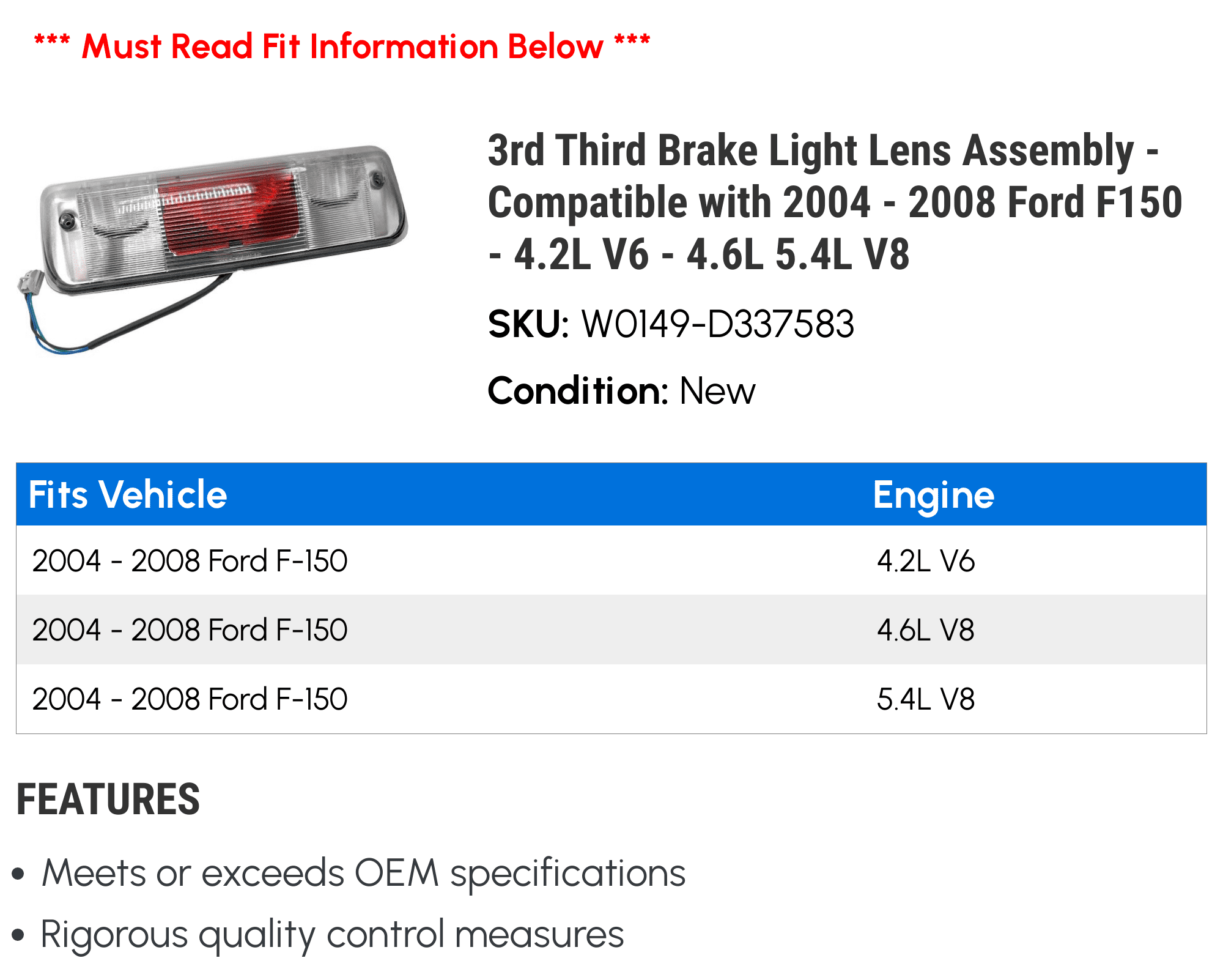 3rd Third Brake Light Lens Assembly - Compatible with 2004 - 2008 Ford F150 - 4.2L V6 - 4.6L 5.4L V8 2005 2006 2007
