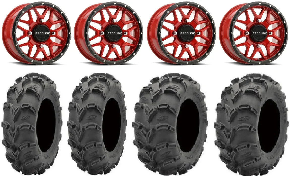 Raceline Krank 14" Red Wheels 28" Mud Lite XL Tires Polaris RZR XP 1000 / PRO XP / Ranger XP 900/1000