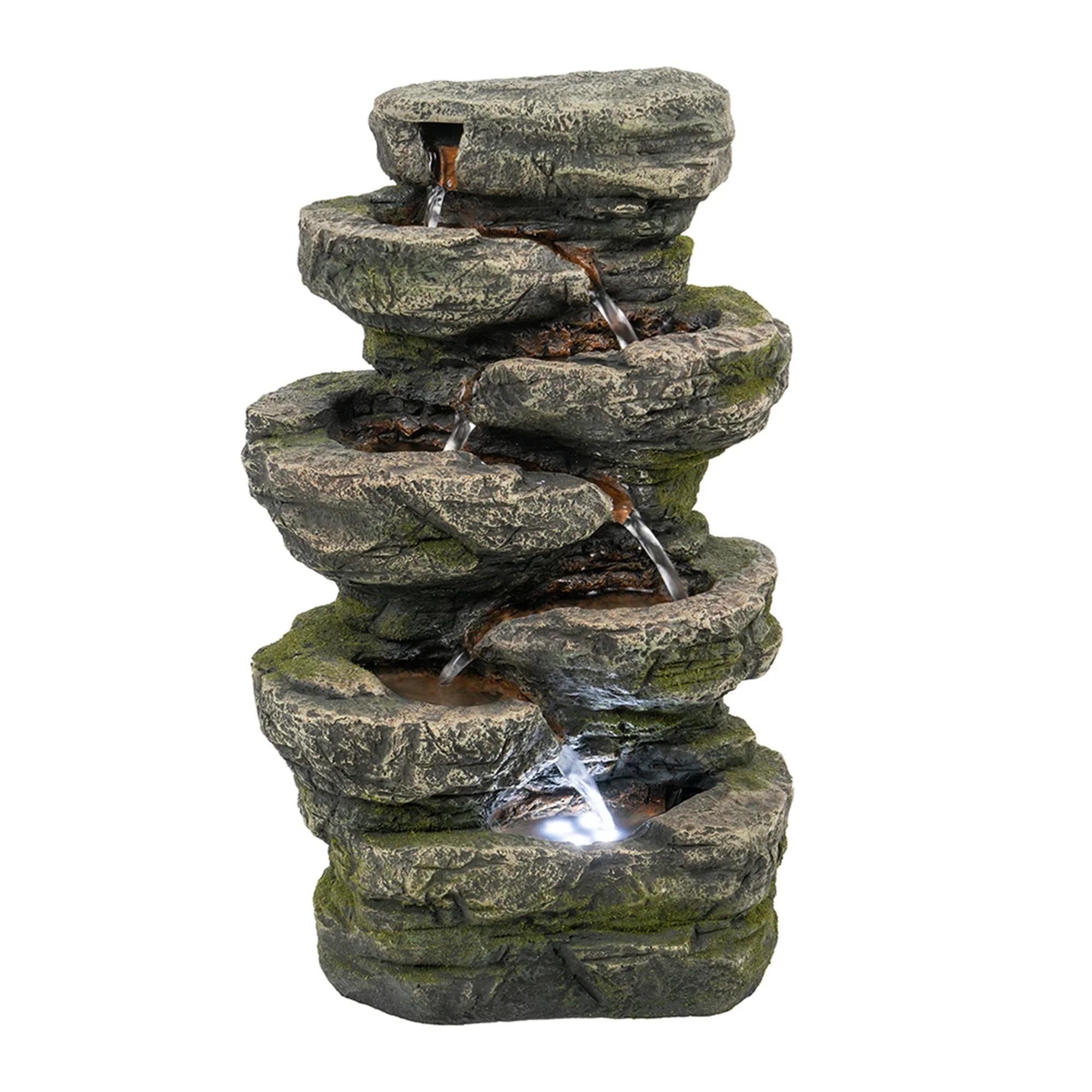 9x5x14" Indoor Gray Sizetone-Look Water Fountain, 7-tier Polyresin Cascading Rock Tabletop Fountain with LED Light