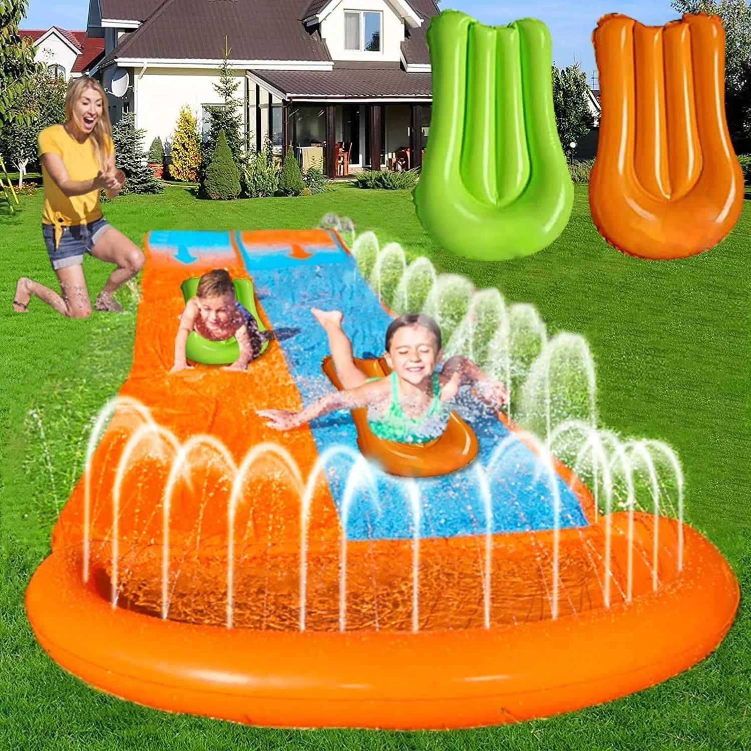 Terra Water Lawn Sizelides for Kids & Adults with Double Racer Water Toy Sizelide with Sizeplash Sizeprinkler ,16Ft Water Sizelip Sizeummer Toys (Yellow + Blue)