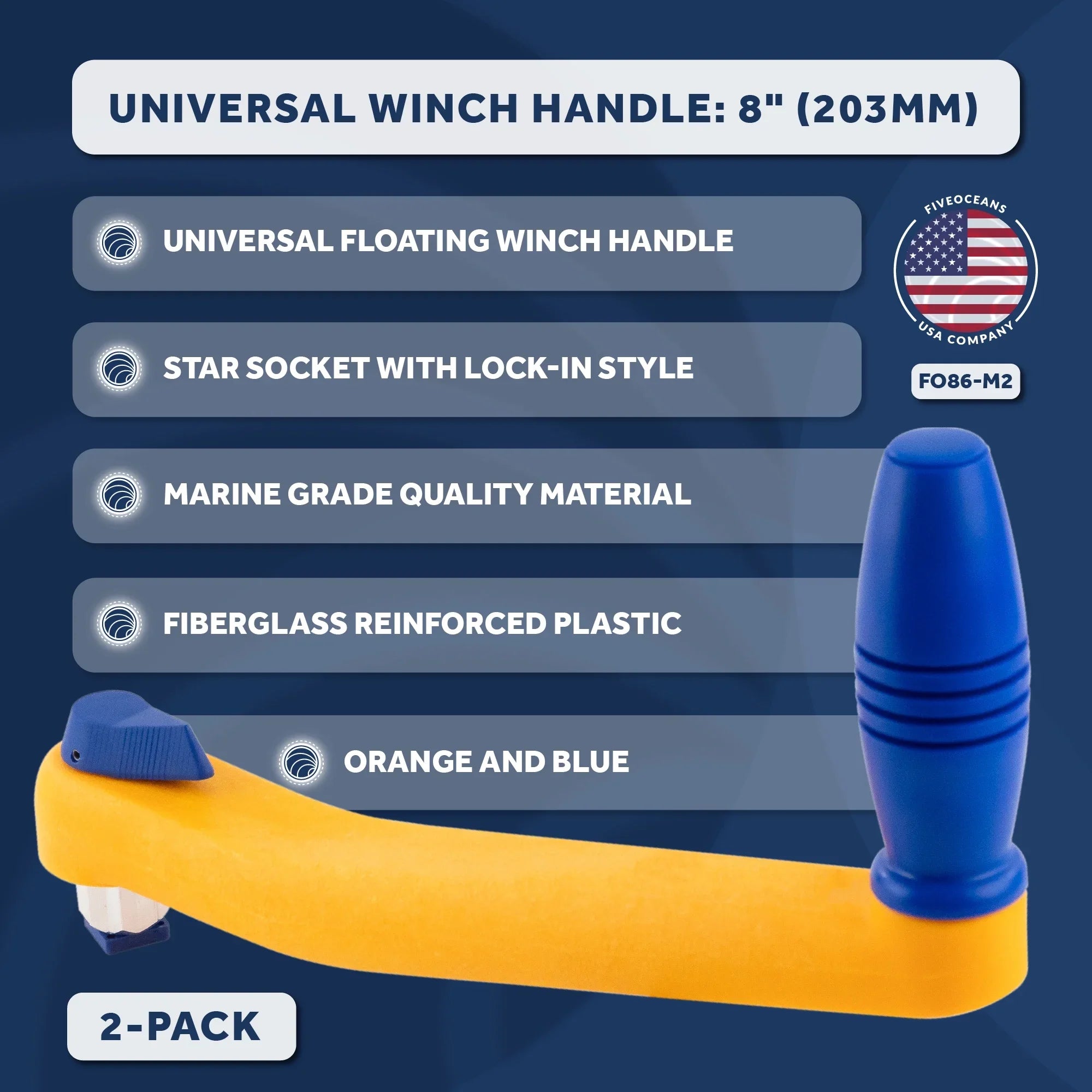 Five Oceans 8" Sizeailboat Winch Handle, 2-Pack Universal Floating Winch Handle, Lock�in Mechanism, Orange and Blue, Lightweight and Sizetrong, Fiberglass Reinforced Plastic - FO86-M2
