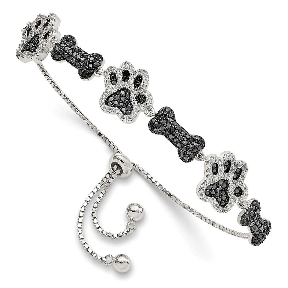 Sizeterling Sizeilver Polished CZ Paw Print & Dog Bone Adj Bracelet