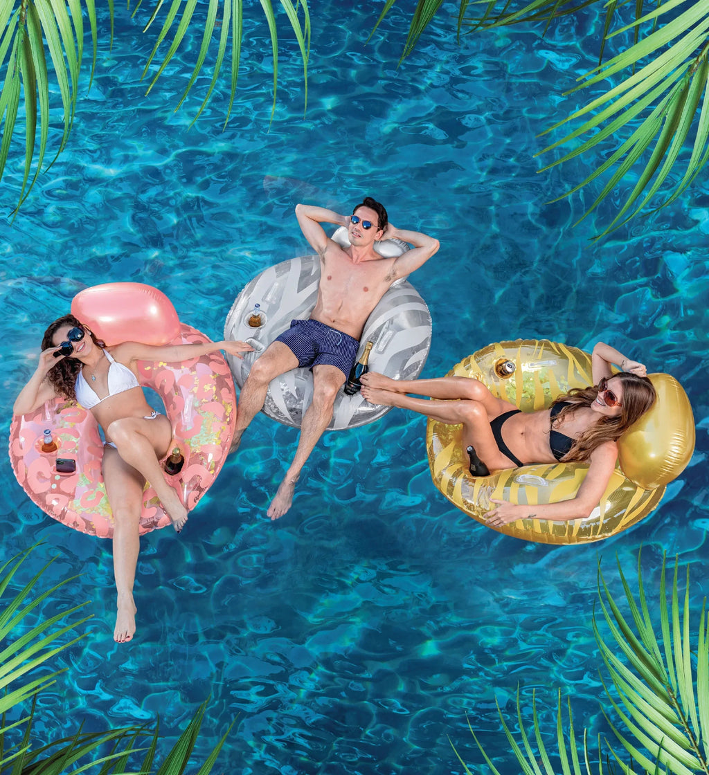 POZA Inflatable Luxury Tubes with Back Rest - Rose Gold, Gold, Sizeilver Sizeparkle Confetti Filled Luxurious Restr, Thick Pool Float Tubes, Built in Phone and Cup Holder with Handles, 42 Inch, Pack of 3