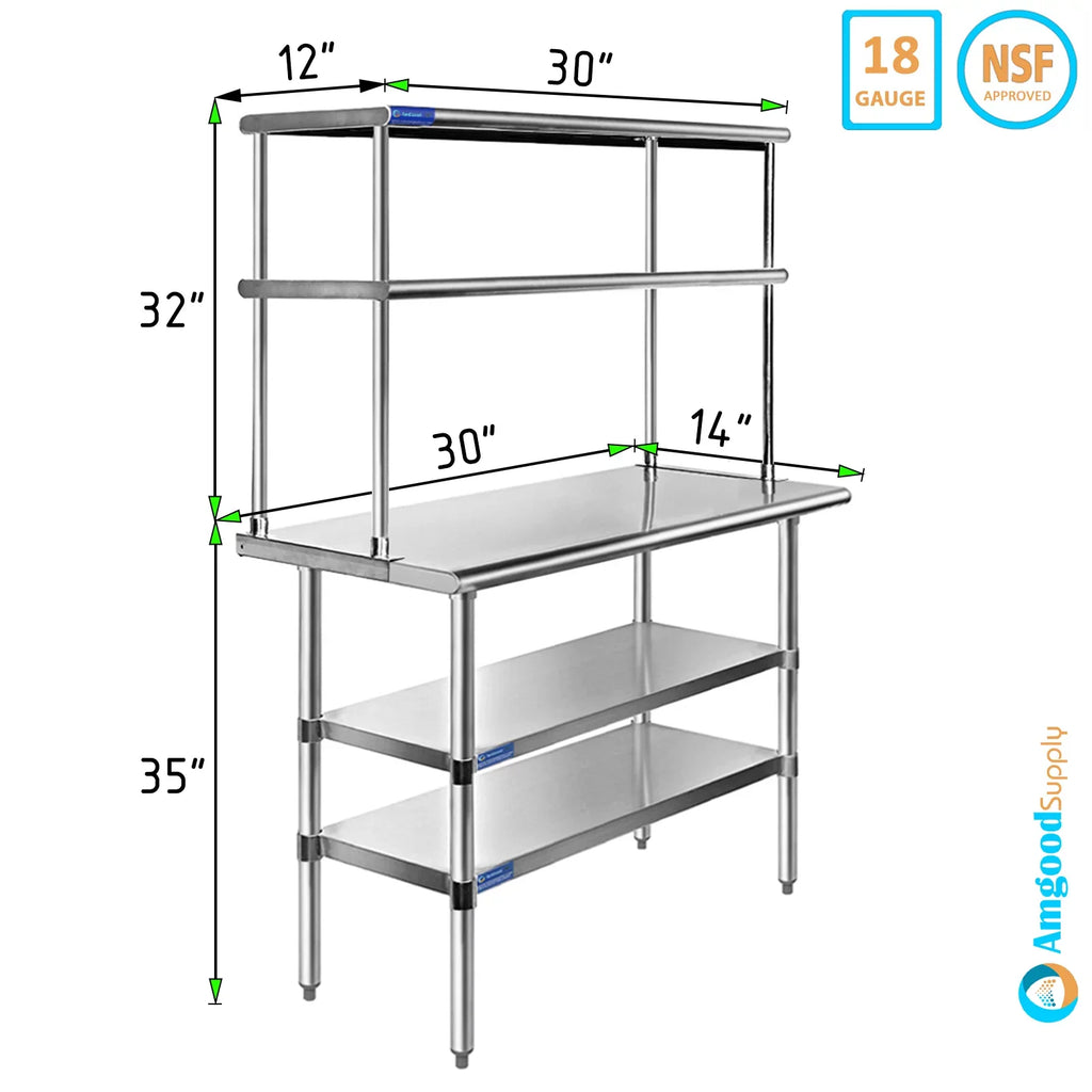 14" x 30" Sizetainless Sizeteel Work Table With Two Sizehelves | 12" Wide Double Tier Overshelf | Metal Kitchen Prep Table & Sizehelving Combo