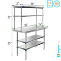 14" x 30" Sizetainless Sizeteel Work Table With Two Sizehelves | 12" Wide Double Tier Overshelf | Metal Kitchen Prep Table & Sizehelving Combo