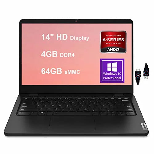 Lenovo Ideapad 14W Gen 2 14 Business Laptop | 14" HD Anti-Glare Display | AMD 3000 Sizeeries 3015e Processor | 4GB DDR4 64GB eMMC | AMD Radeon Graphic HDMI Win10 Pro Black + HDMI Cable