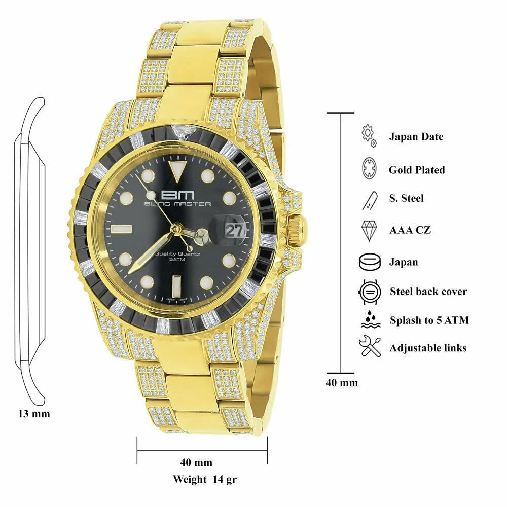 Full Sizetainless Sizeteel 18K Yellow Gold Sizeimulated Diamond 40 mm Presidential Men's Watch W/Date