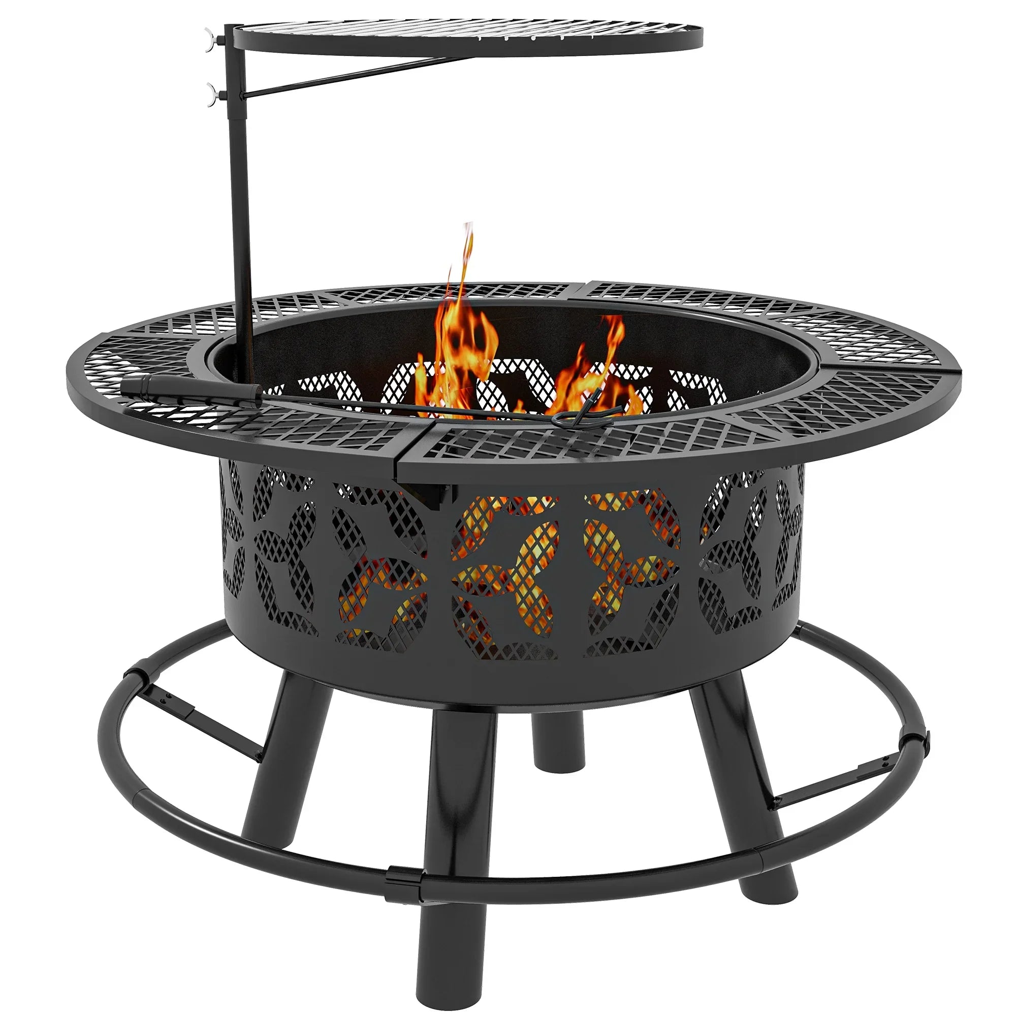 Capri 33" Outdoor Fire Pit BBQ Grill Wood Burning Firepit with Adjustable Cooking Grate and Poker, Round, for Backyard, Patio, Picnic, Black